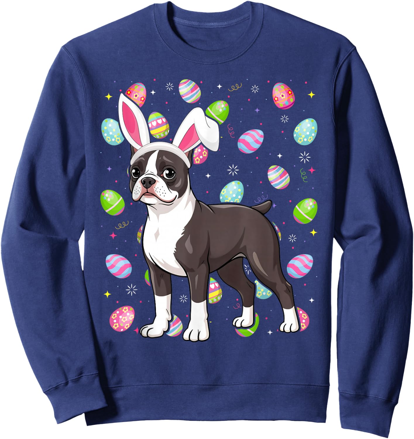 Boston Terrier Dog Happy Easter Egg Hunt Bunny Ear Easter Sweatshirt - Sweatshirt | Navy