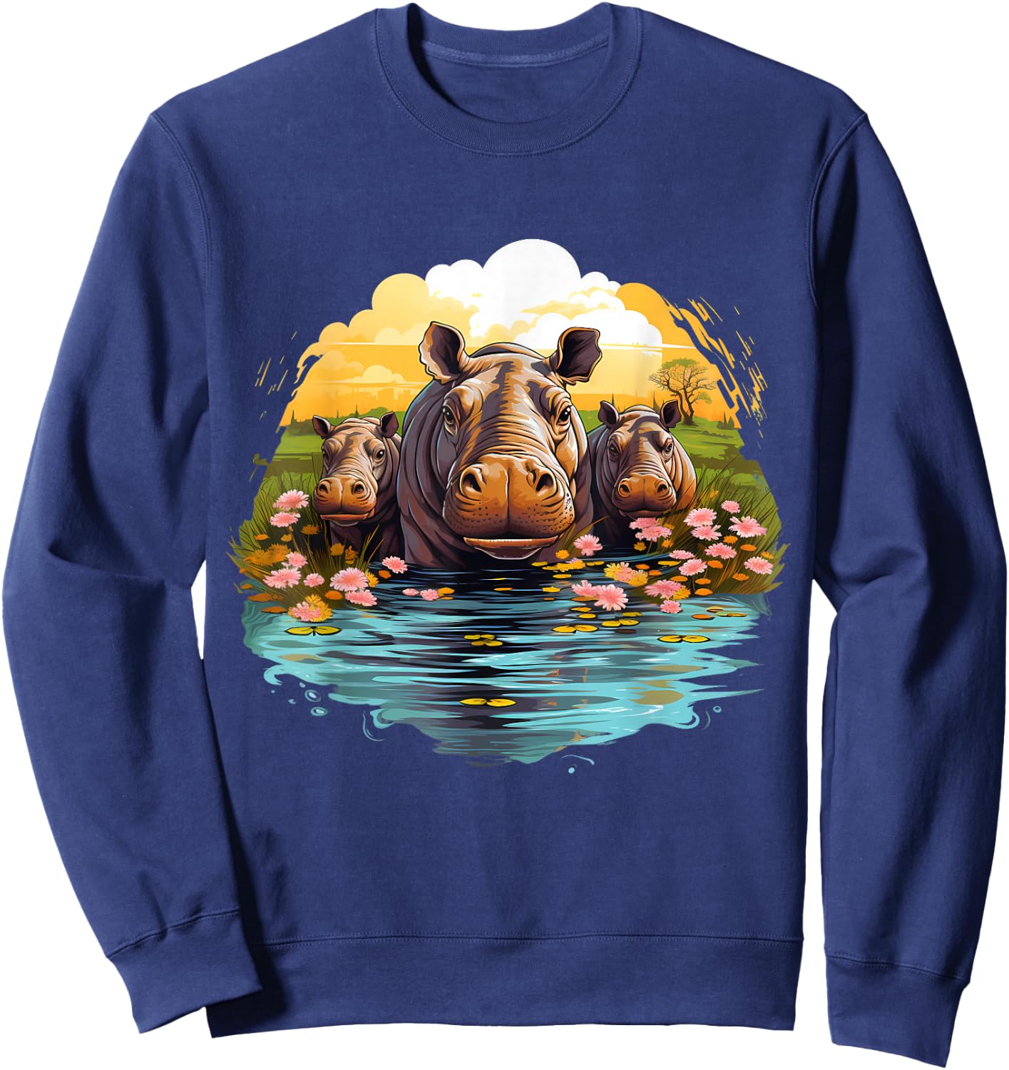 Hippo Floral Artwork Nature Wildlife Hippopotamus Savanna Sweatshirt - Sweatshirt | Navy