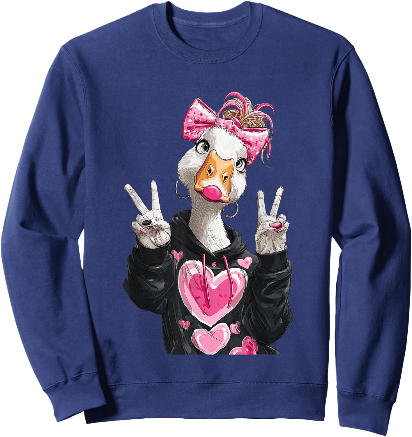 Cute Goose Girl Bubble Gum Peace Sign Animal Graphic Pink Sweatshirt - Sweatshirt | Navy