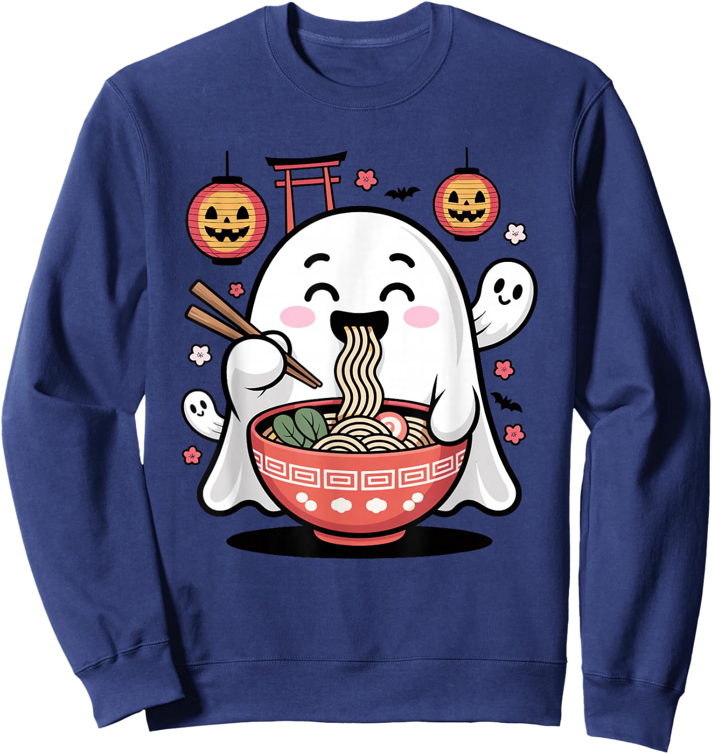 Mignon fantôme Mangeant Ramen Halloween Kawaii Effrayant Sweatshirt - Sweatshirt | Navy