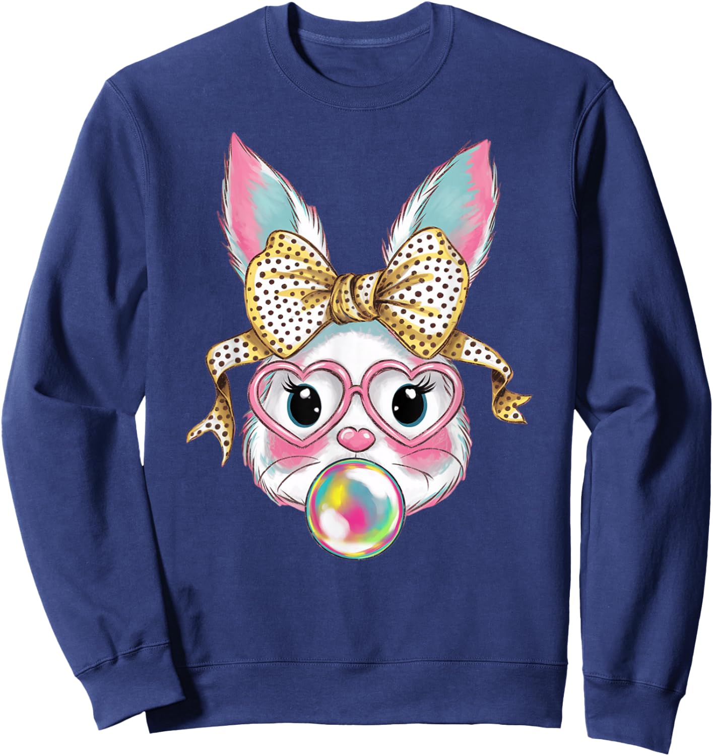 Cute Rabbit Bunny Face Blowing Bubble Gum Easter Day Girls Sweatshirt - Sweatshirt | Navy