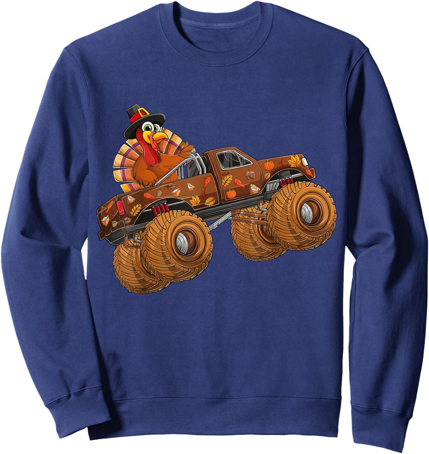 Funny Thanksgiving Turkey Day Riding Monster Truck Kids Boy Sweatshirt - Sweatshirt | Navy