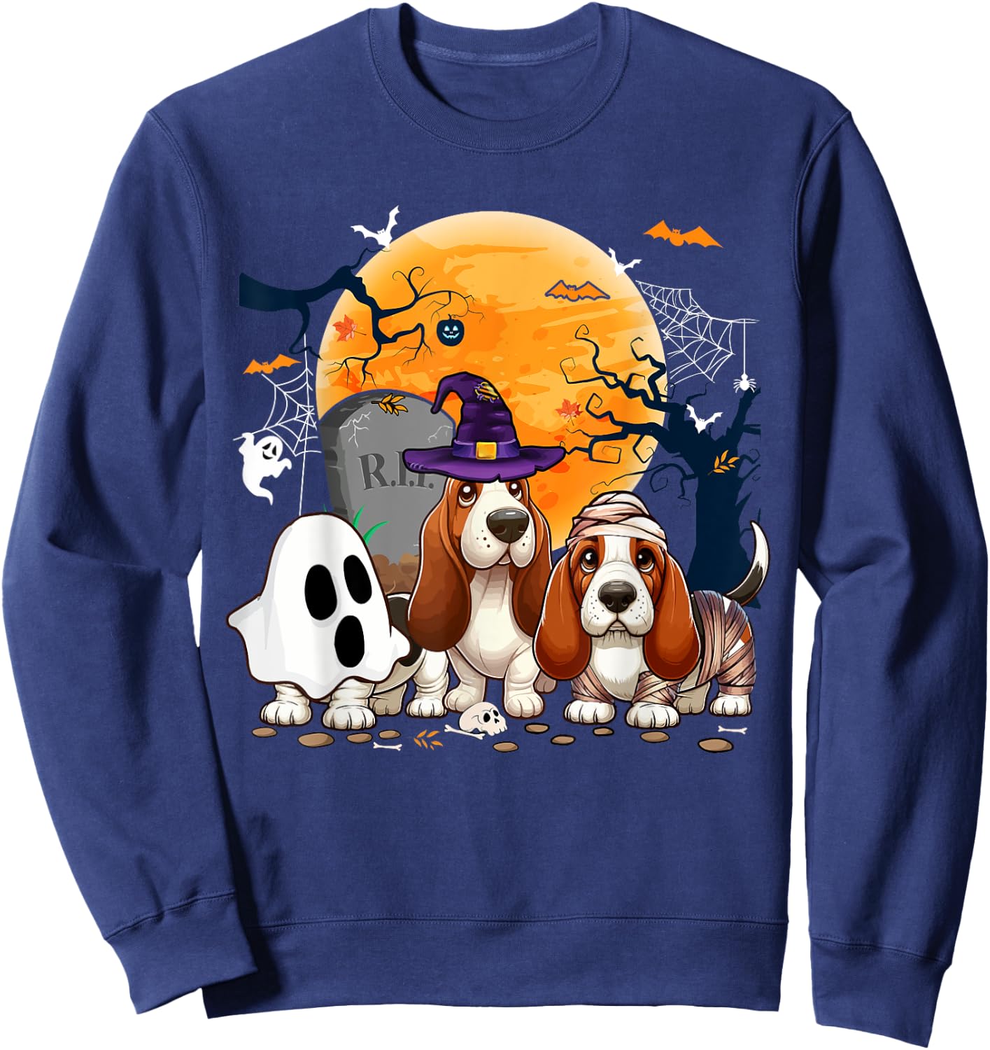 Three Halloween Basset Hounds Cosplay Witch Ghost Mummy Sweatshirt - Sweatshirt | Navy