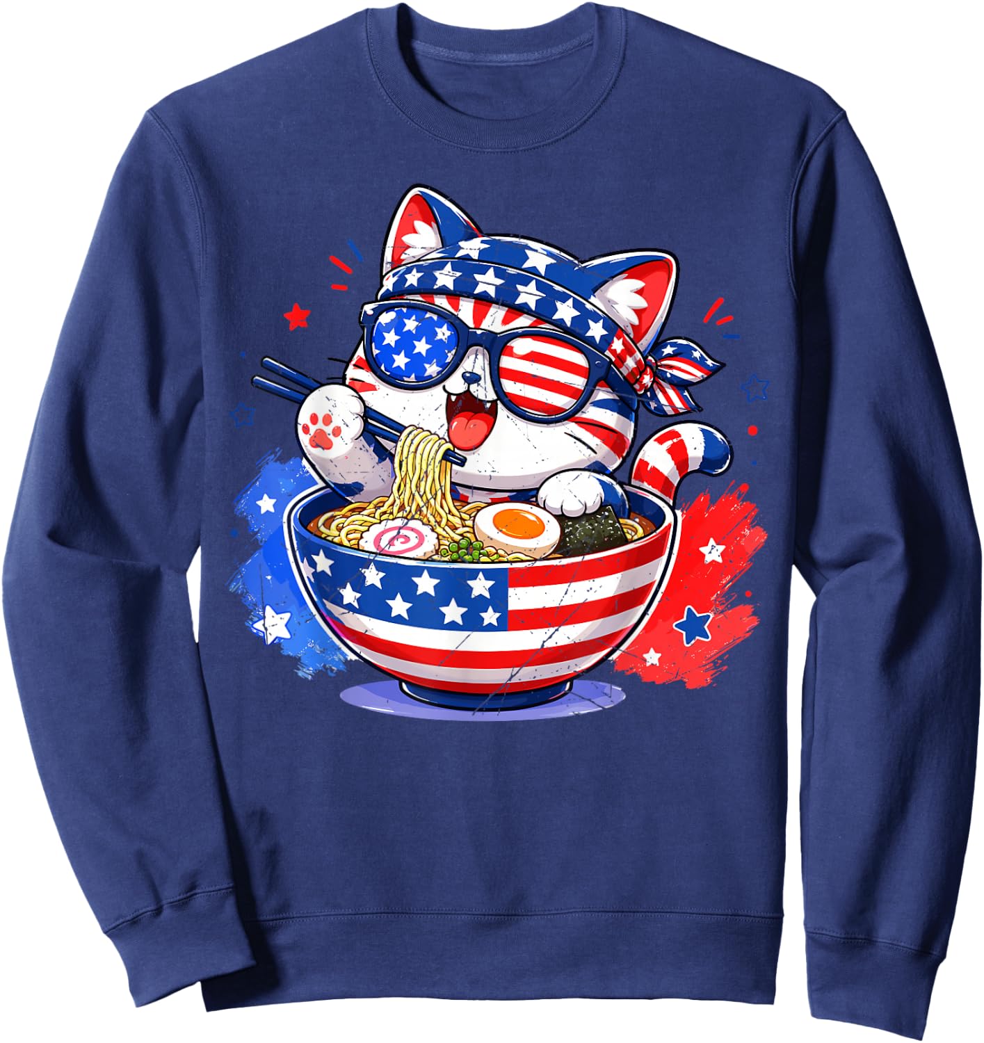 Cute Cat Ramen Anime American Flag USA Patriotic 4th of July Sweatshirt - Sweatshirt | Navy
