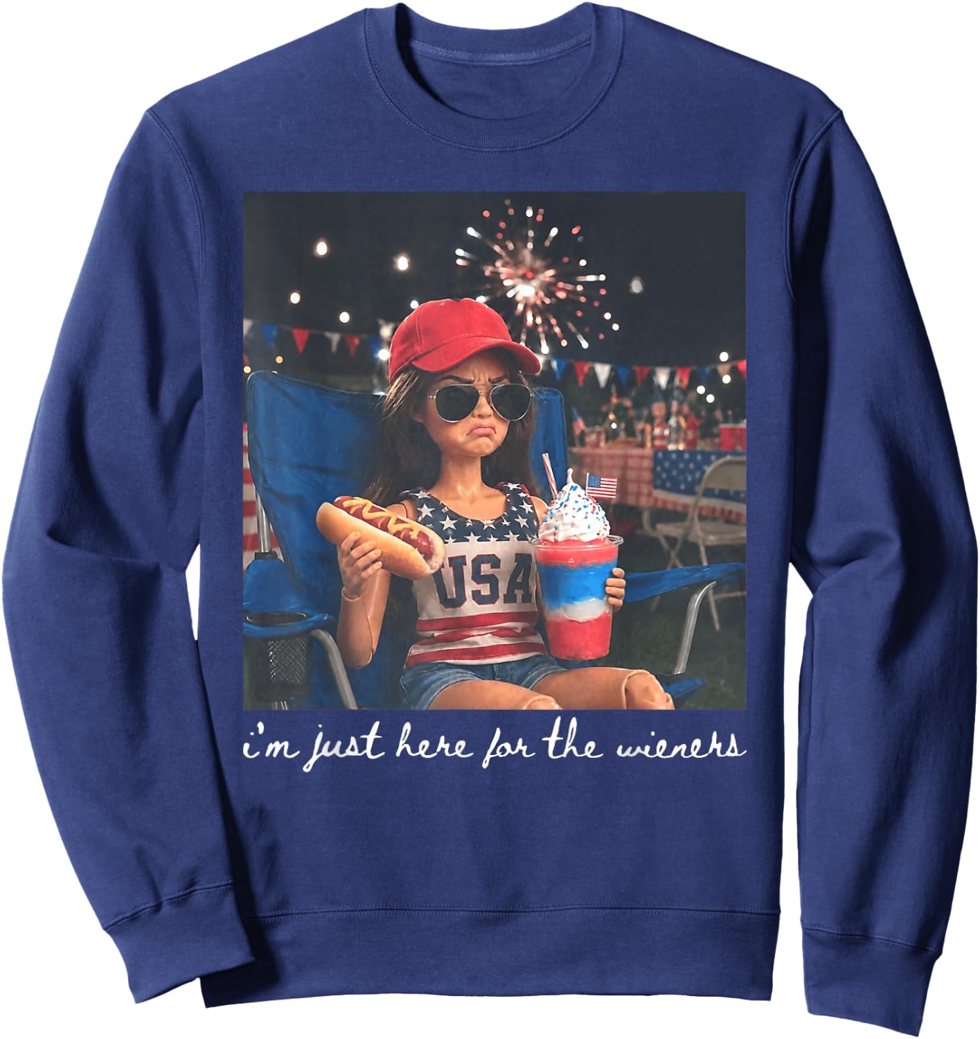 Just Here for The Wieners Funny 4th of July Girl Face Meme Sweatshirt - Sweatshirt | Navy