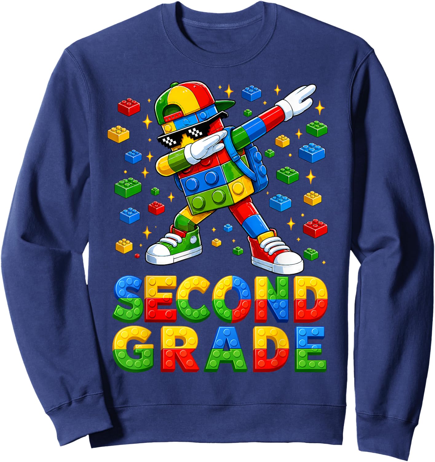 Hello 2nd Grade Kid Boy Building Blocks Brick Back to School Sweatshirt - Sweatshirt | Navy