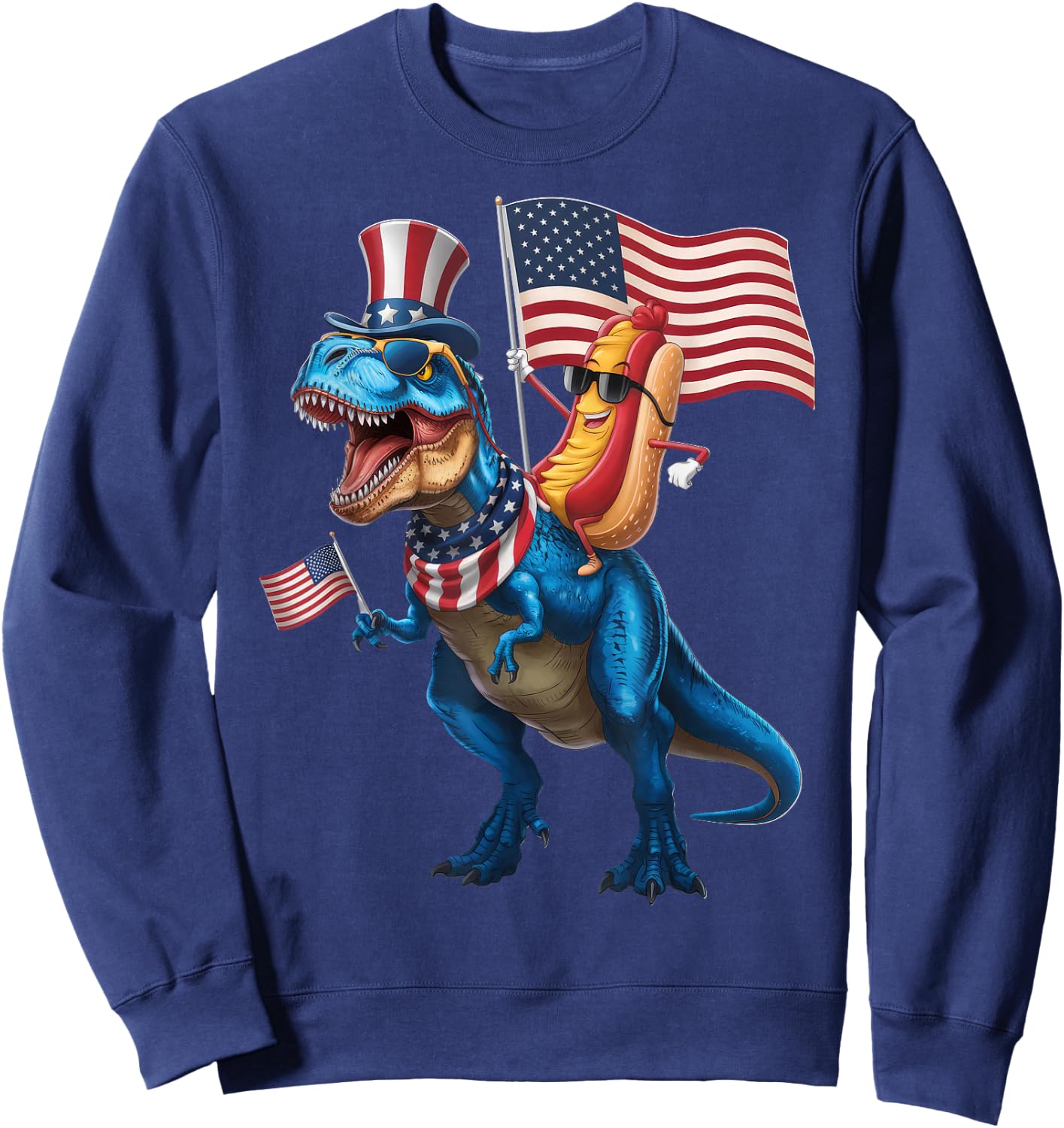 Hotdog Riding TRex Dinosaur 4th of July USA Flag Sweatshirt - Sweatshirt | Navy