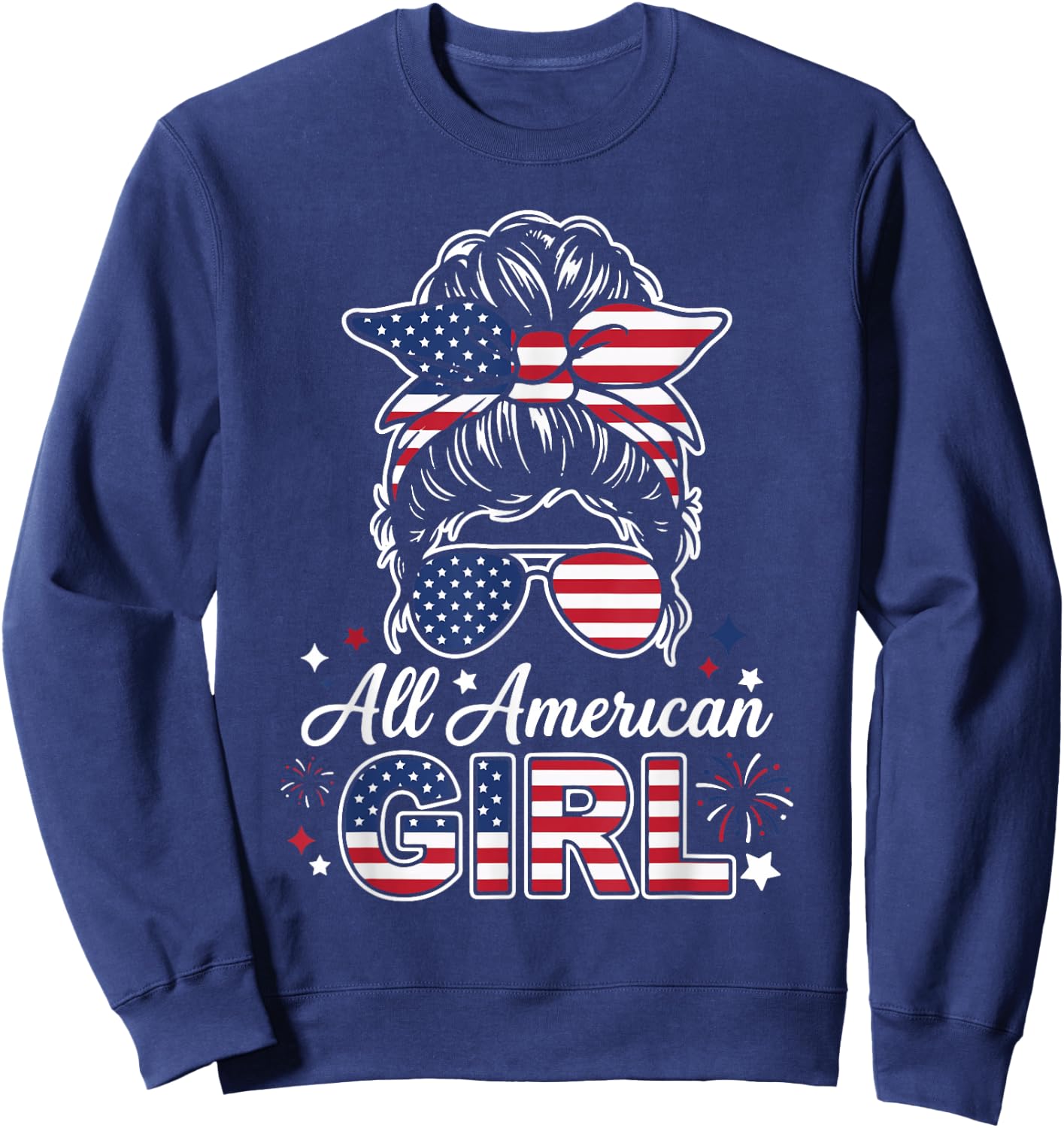 All American Girl Messy Bun USA Patriotic Style Sweatshirt - Sweatshirt | Navy