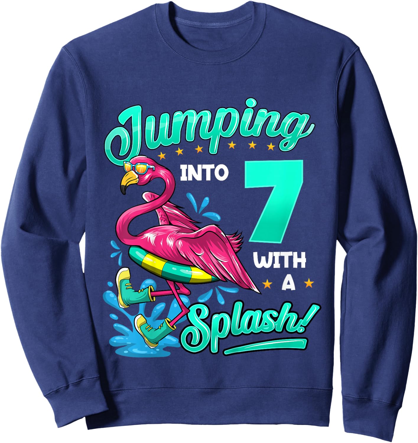 7th Birthday Flamingo Pool Party Jumping Into 7 Years Old Sweatshirt - Sweatshirt | Navy