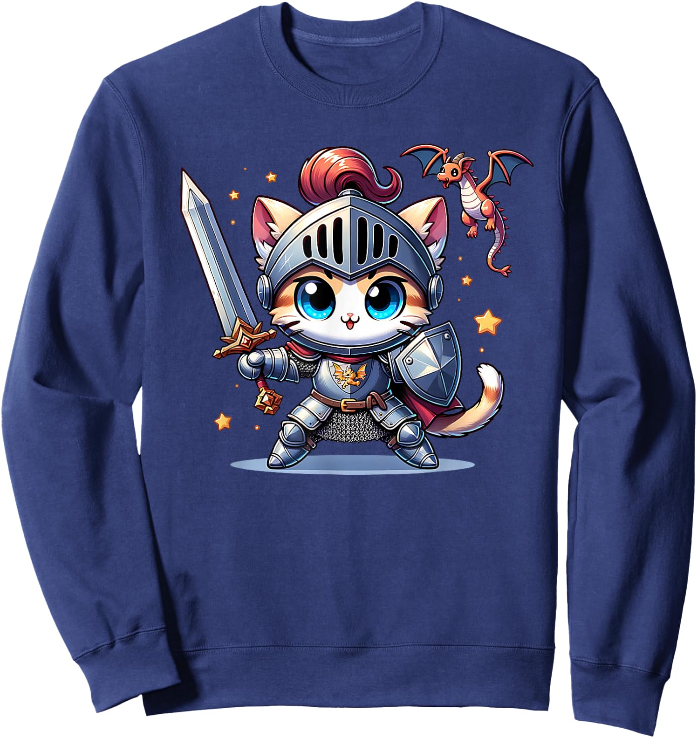 Ren Faire Medieval Knight Cat Kitten Sword Dragon Graphic Sweatshirt - Sweatshirt | Navy