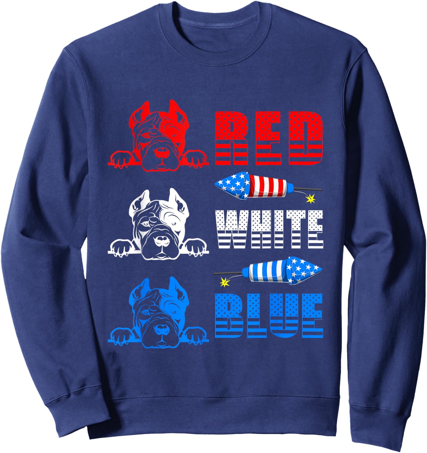 Red White Blue Three Cute Pit Bull 4th Of July American Flag Sweatshirt - Sweatshirt | Navy