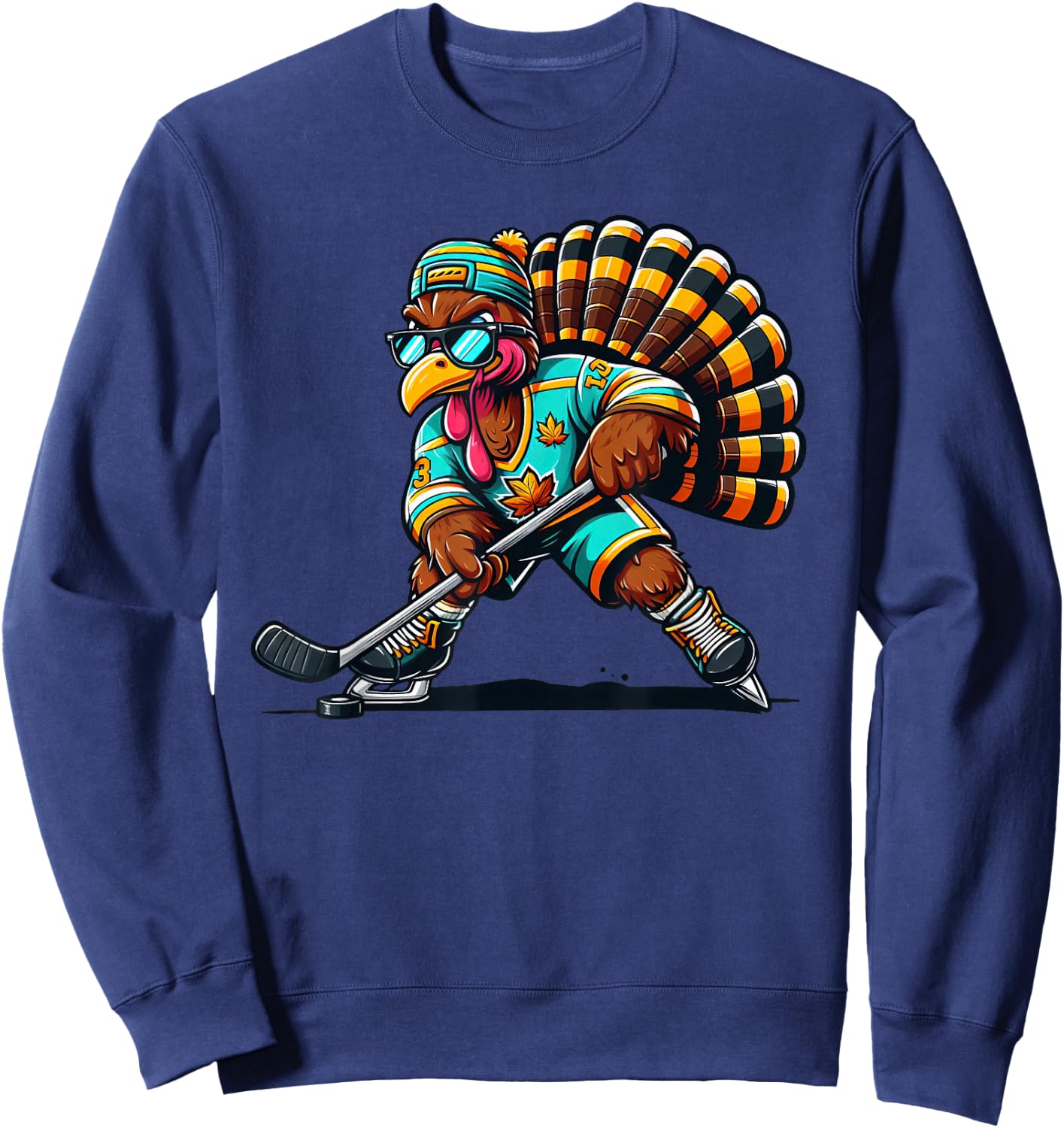 Funny Turkey Thanksgiving Hockey Kids Sweatshirt - Sweatshirt | Navy