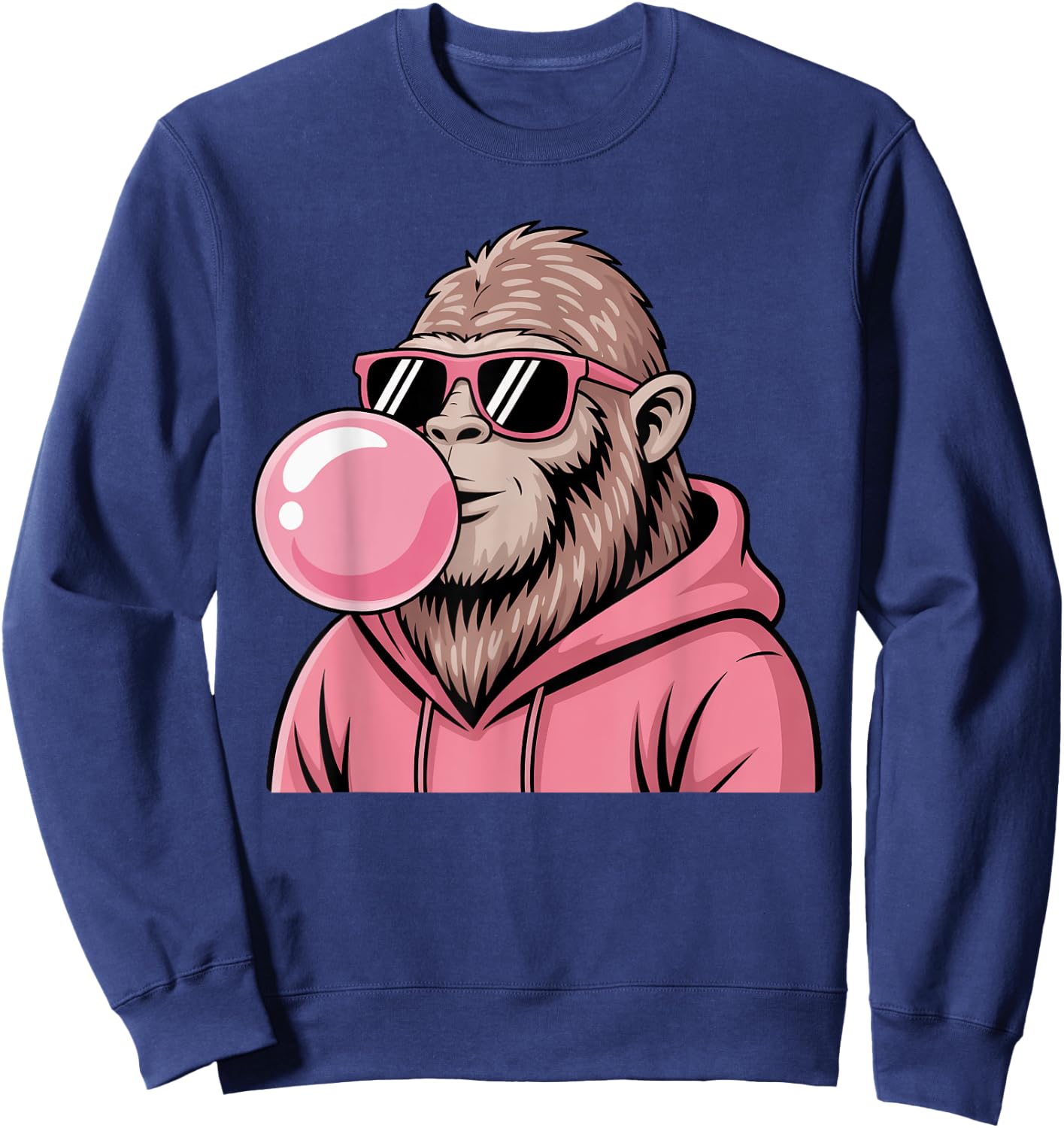 Bigfoot Sasquatch Blowing Pink Bubble Gum and Sunglasses Sweatshirt - Sweatshirt | Navy