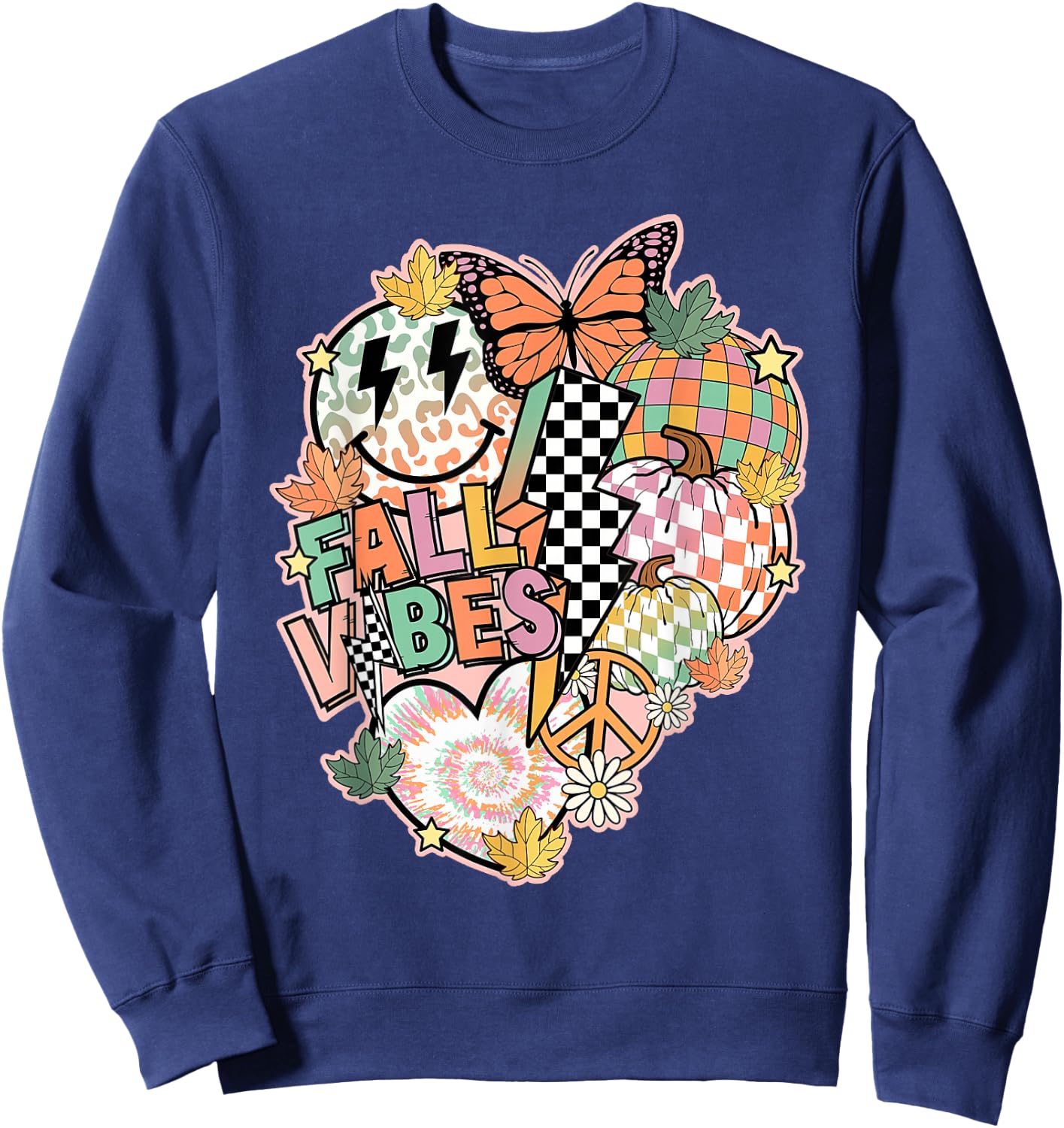 Fall Vibes Smile Face Hippie Groovy Thanksgiving Autumn Sweatshirt - Sweatshirt | Navy