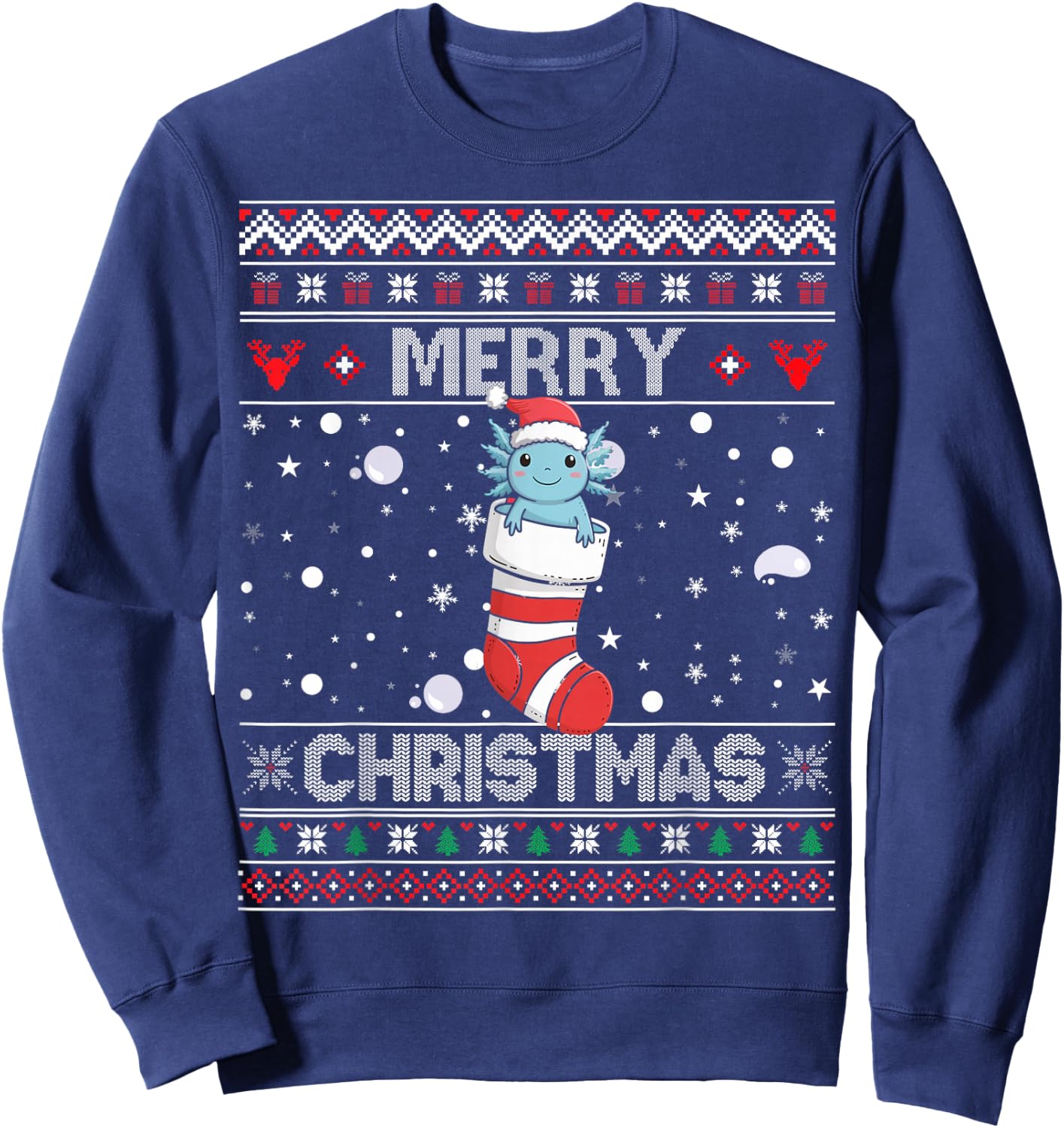 Axolotl Stocking Merry Ugly Christmas Kawaii Sweater Holiday Sweatshirt - Sweatshirt | Navy