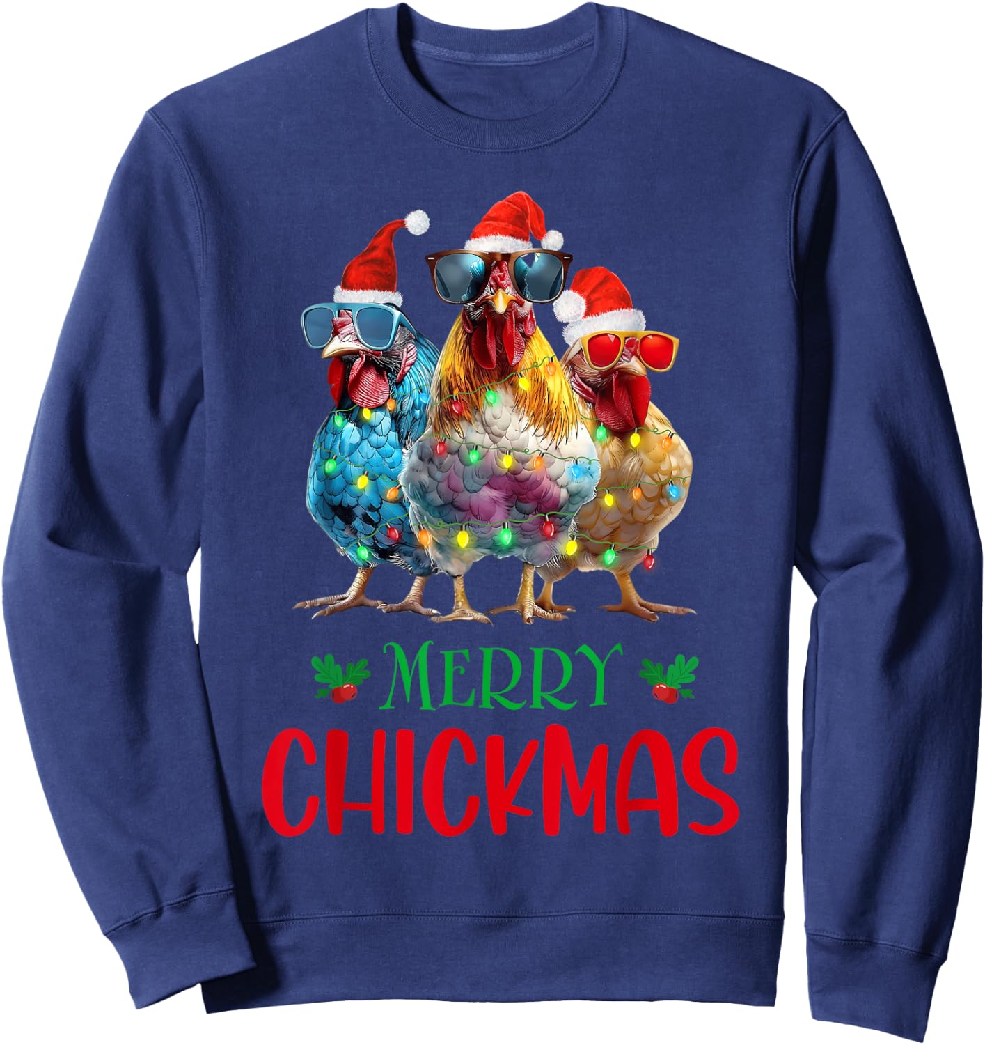 Merry Chickmas Ornament Lights Chicken Farmer Christmas Sweatshirt - Sweatshirt | Navy