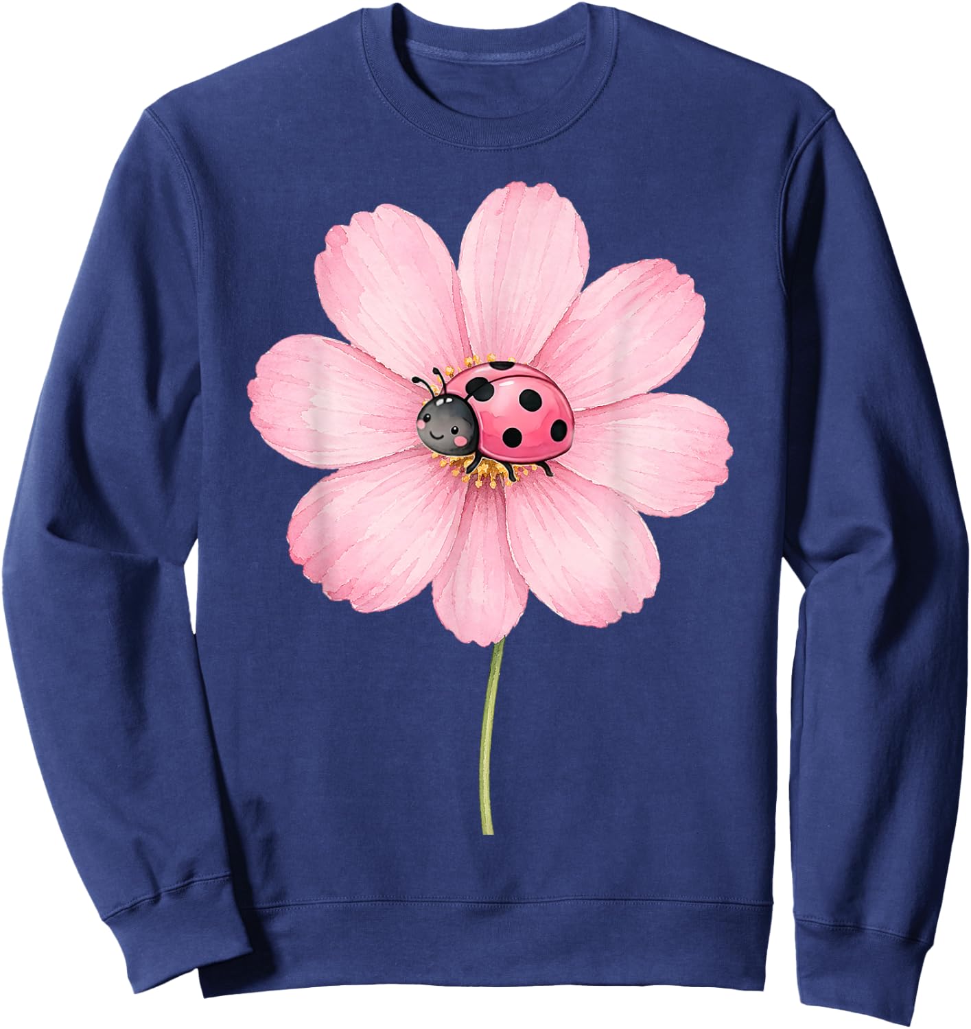 Cute Ladybug Pink Cosmos Flower Watercolor Spring Aesthetic Sweatshirt - Sweatshirt | Navy