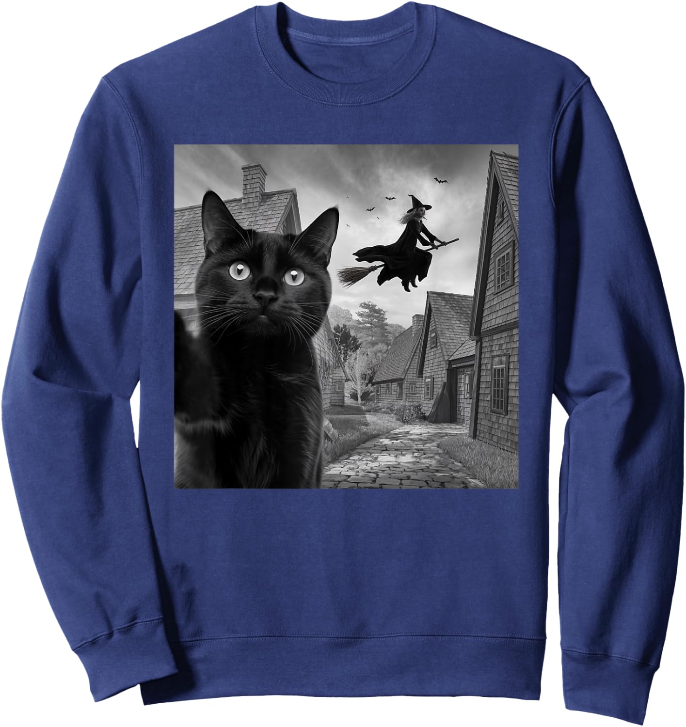 Witch and Black Cat Selfie Photo Halloween Magic Lovers Sweatshirt - Sweatshirt | Navy