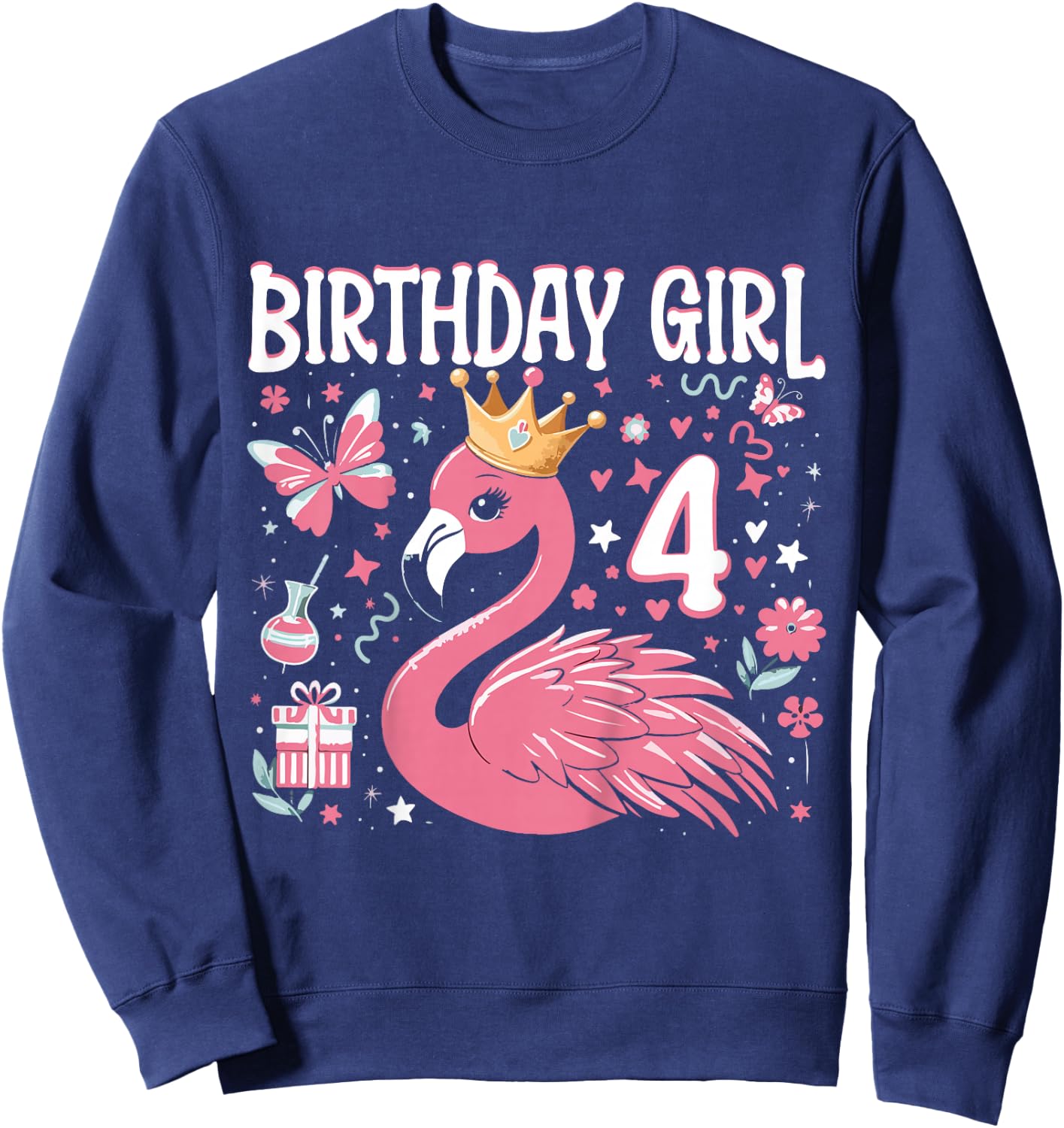 Kids 4th Birthday Gift Flamingo Fan 4 Year Old Girls 4th Bday Sweatshirt - Sweatshirt | Navy