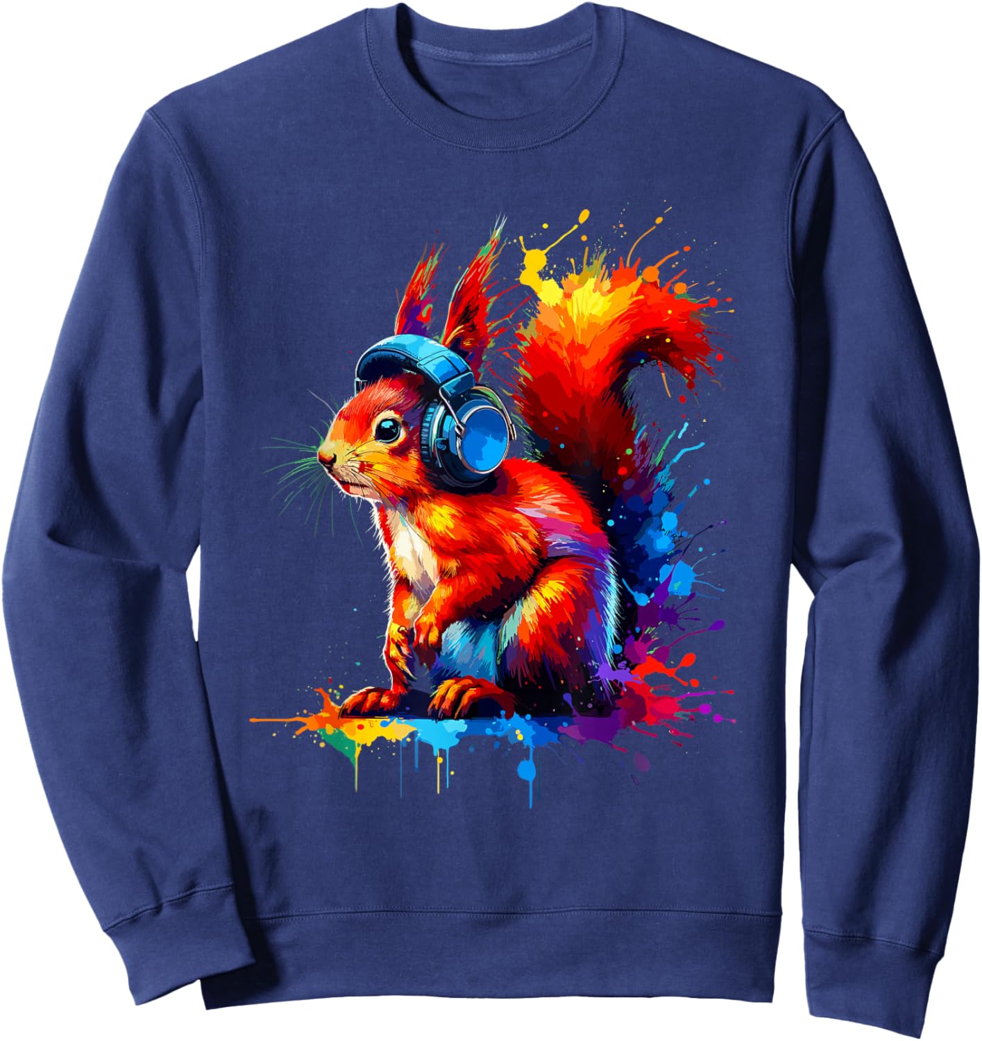Colourful Splash Art Headphones with Red Squirrel , black Sweatshirt - Sweatshirt | Navy