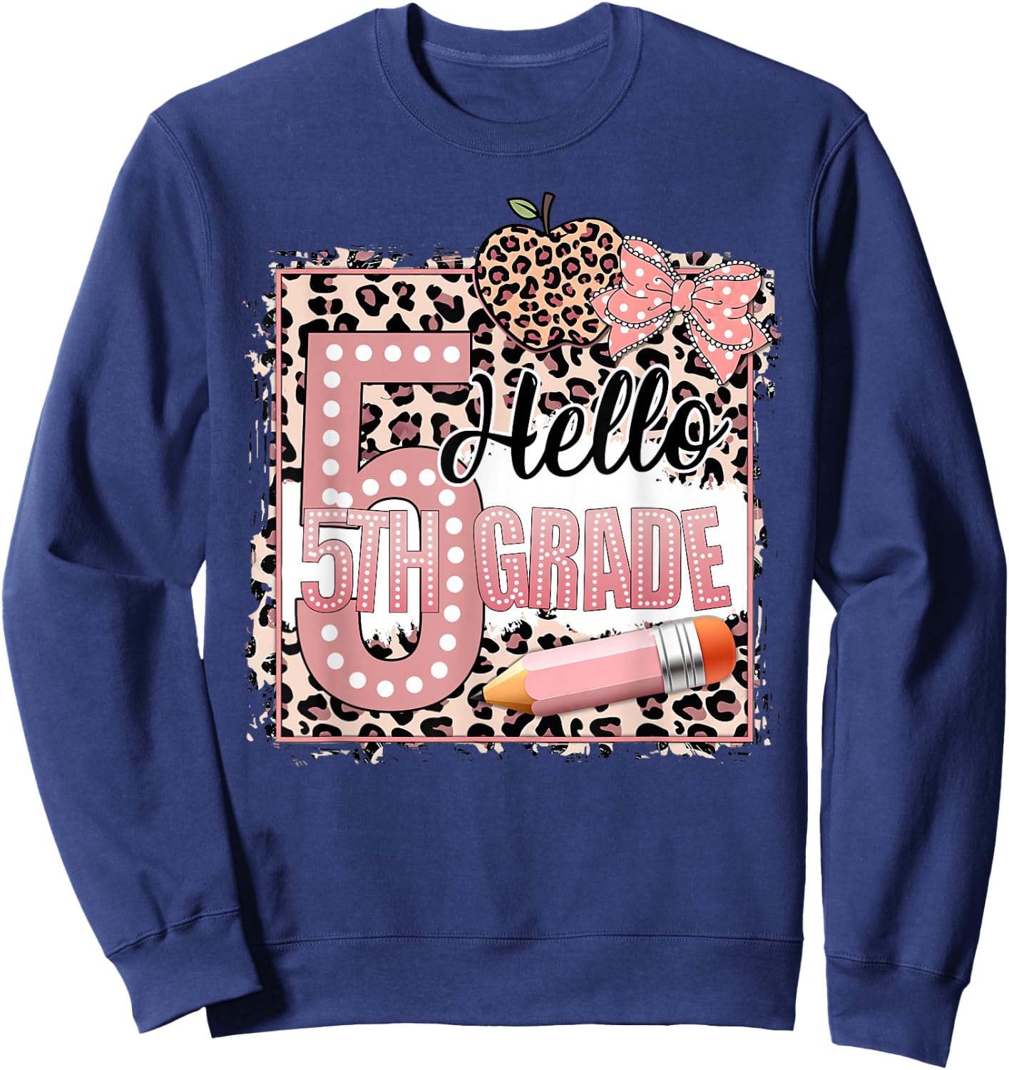 Cute Hello 5th Grade Pink Leopard Print Girls Kids Sweatshirt - Sweatshirt | Navy