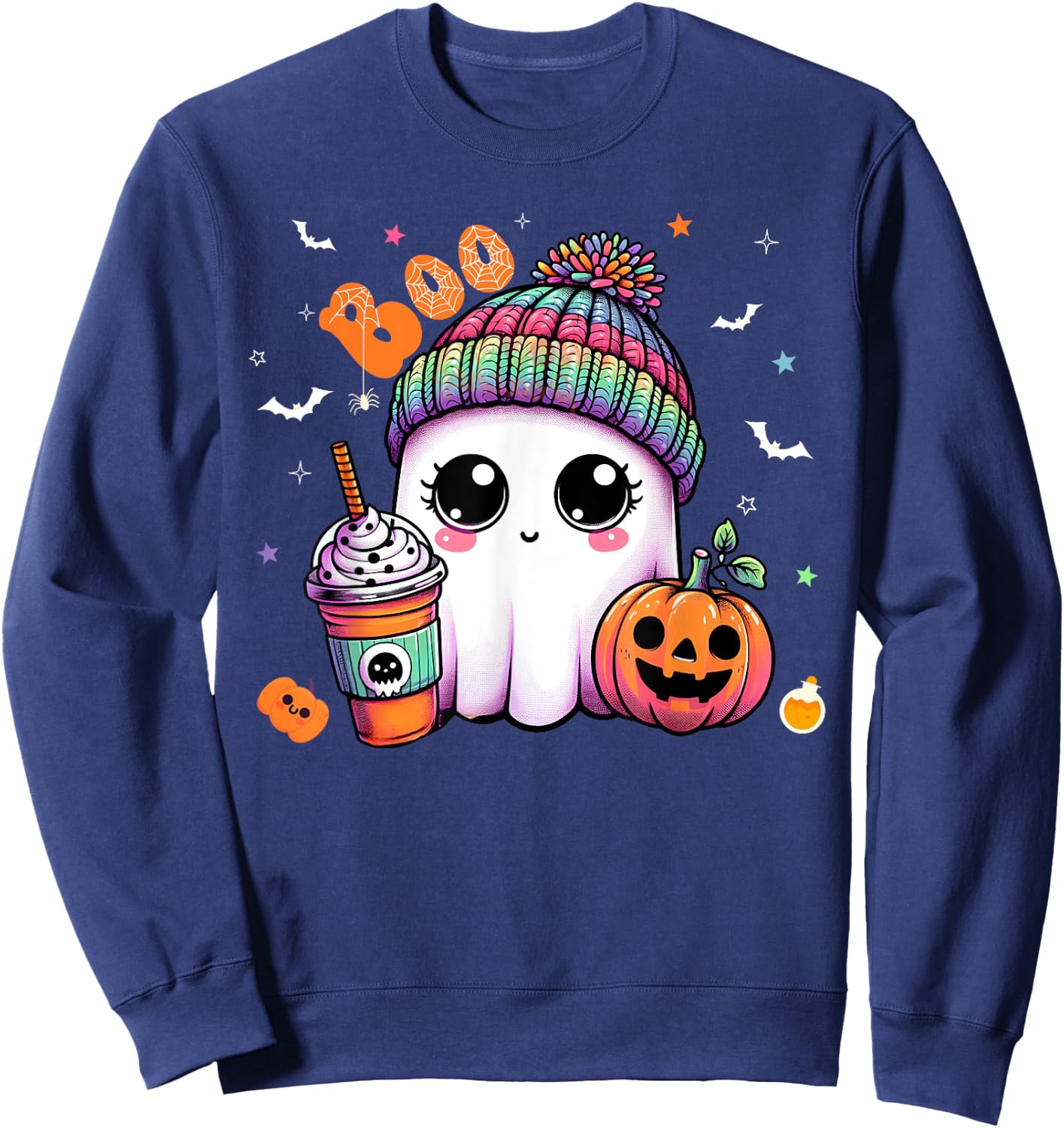 Cute Ghost Boo Drinking Pumpkin Spice Coffee Halloween Sweatshirt - Sweatshirt | Navy