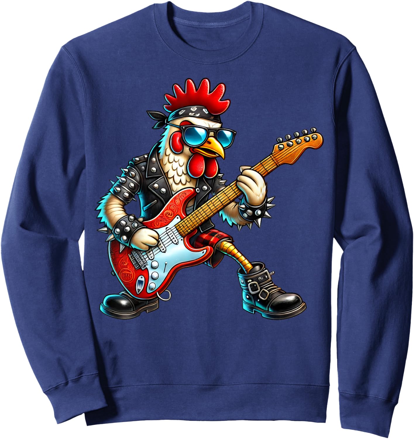 Funny Punk Chicken Rock N Roll Chicken Guitar Band Sweatshirt - Sweatshirt | Navy