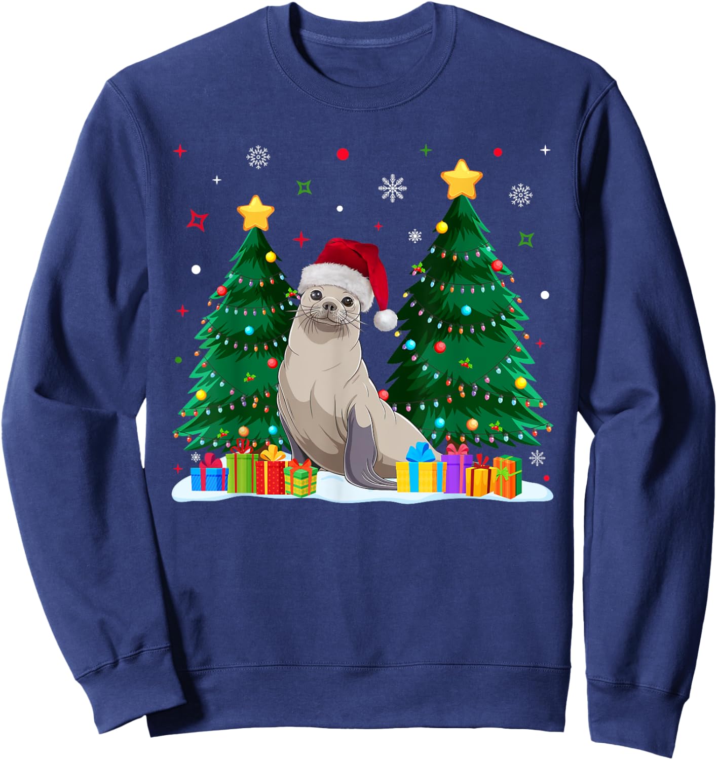 Funny Animal Lovers Seal Santa Hat Ugly Christmas Sweater Sweatshirt - Sweatshirt | Navy