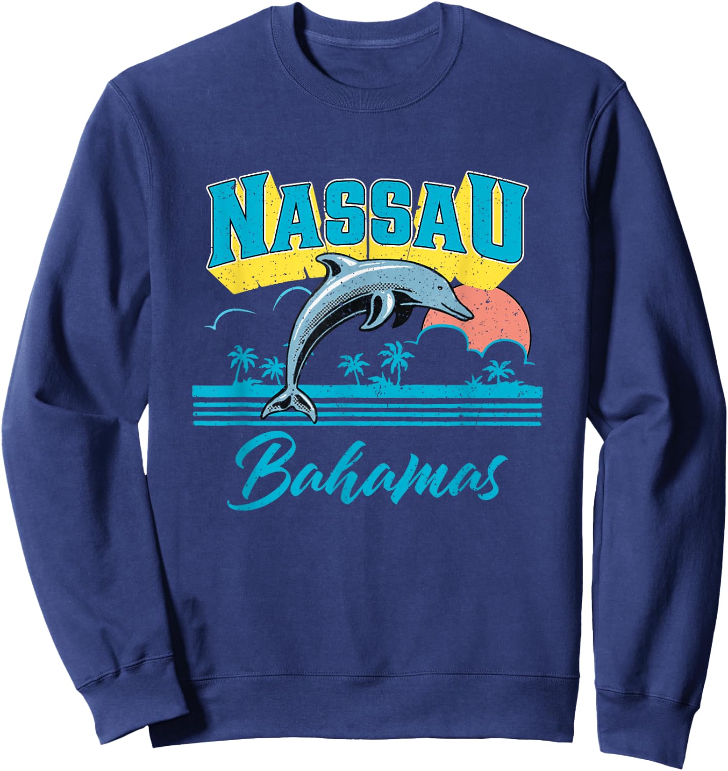 Nassau Bahamas Sunset Palm Tree Dolphin Retro Vacation Sweatshirt - Sweatshirt | Navy