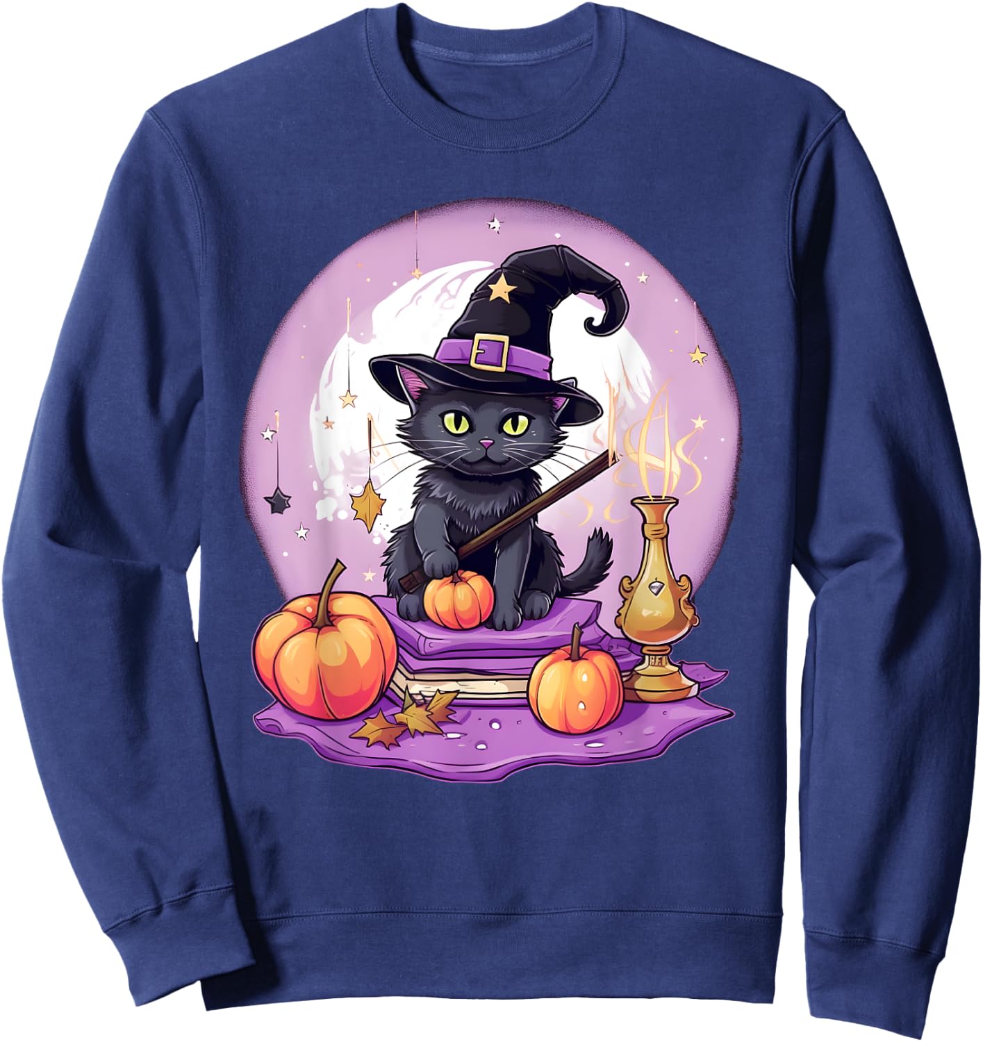 Black Cat Witch Halloween Toddler Girls Moon Sweatshirt - Sweatshirt | Navy