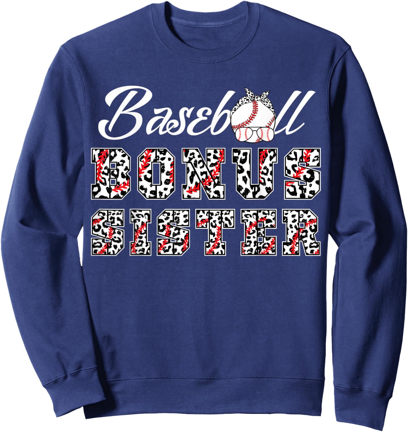 Baseball Bonus Sister Leopard Game Day Family B-Day Crew Sweatshirt - Sweatshirt | Navy