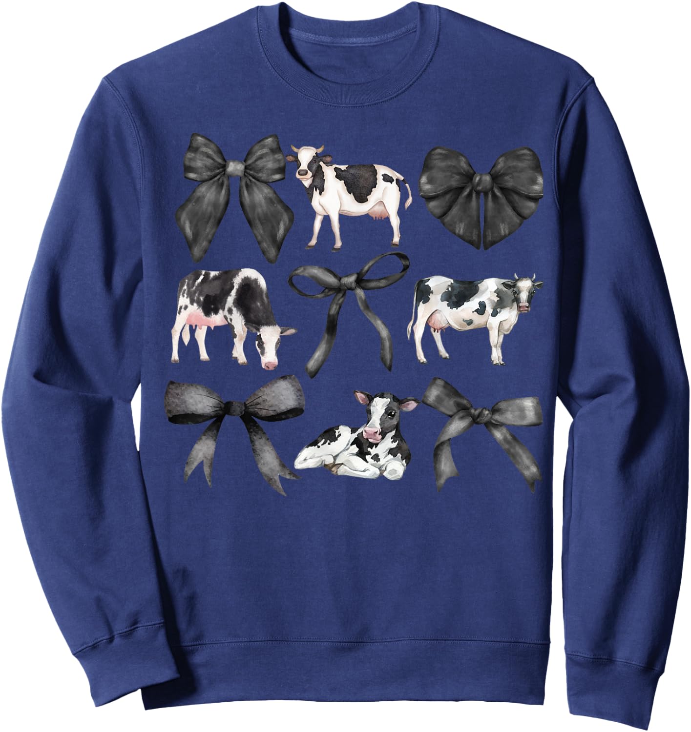 Kristen Michael Coquette Cows, Cows and Bows, Watercolor, Holsteins , Small, Grey Sweatshirt - Sweatshirt | Navy