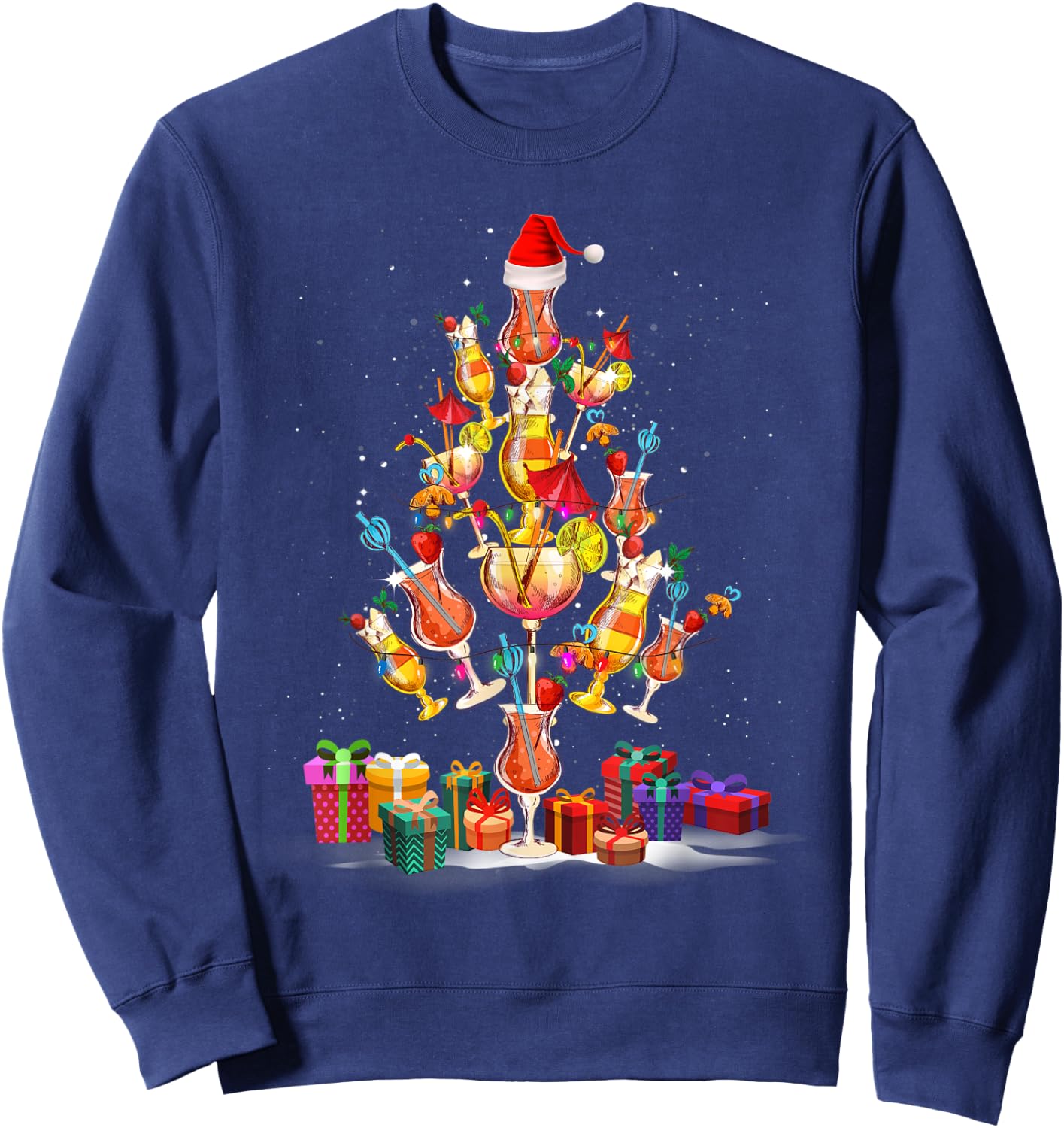 Cocktail Glasses Santa Hat Christmas Tree Drinks Xmas Pajama Sweatshirt - Sweatshirt | Navy
