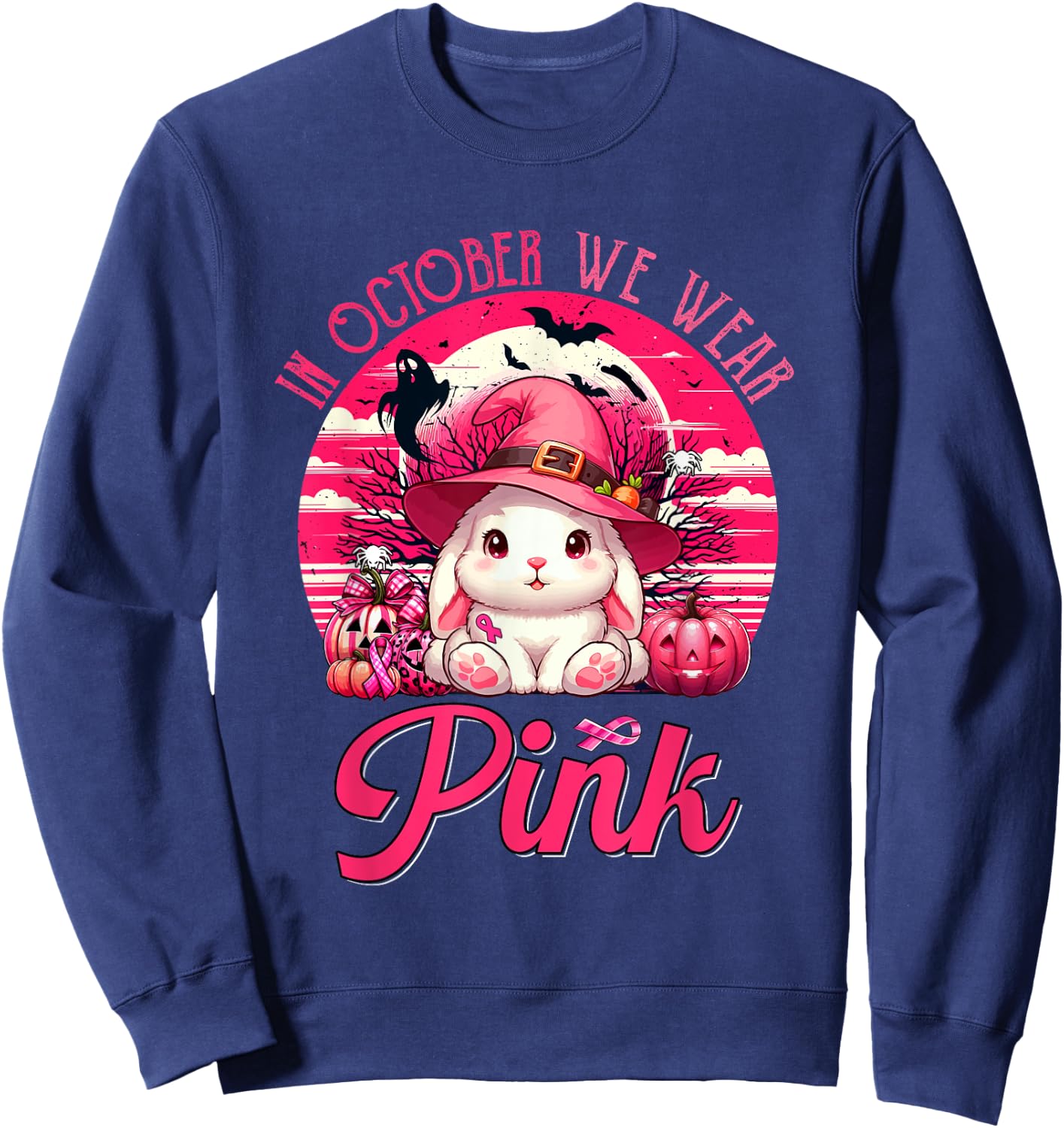 In October We Wear Pink Breast Cancer Awareness Bunny Sweatshirt - Sweatshirt | Navy