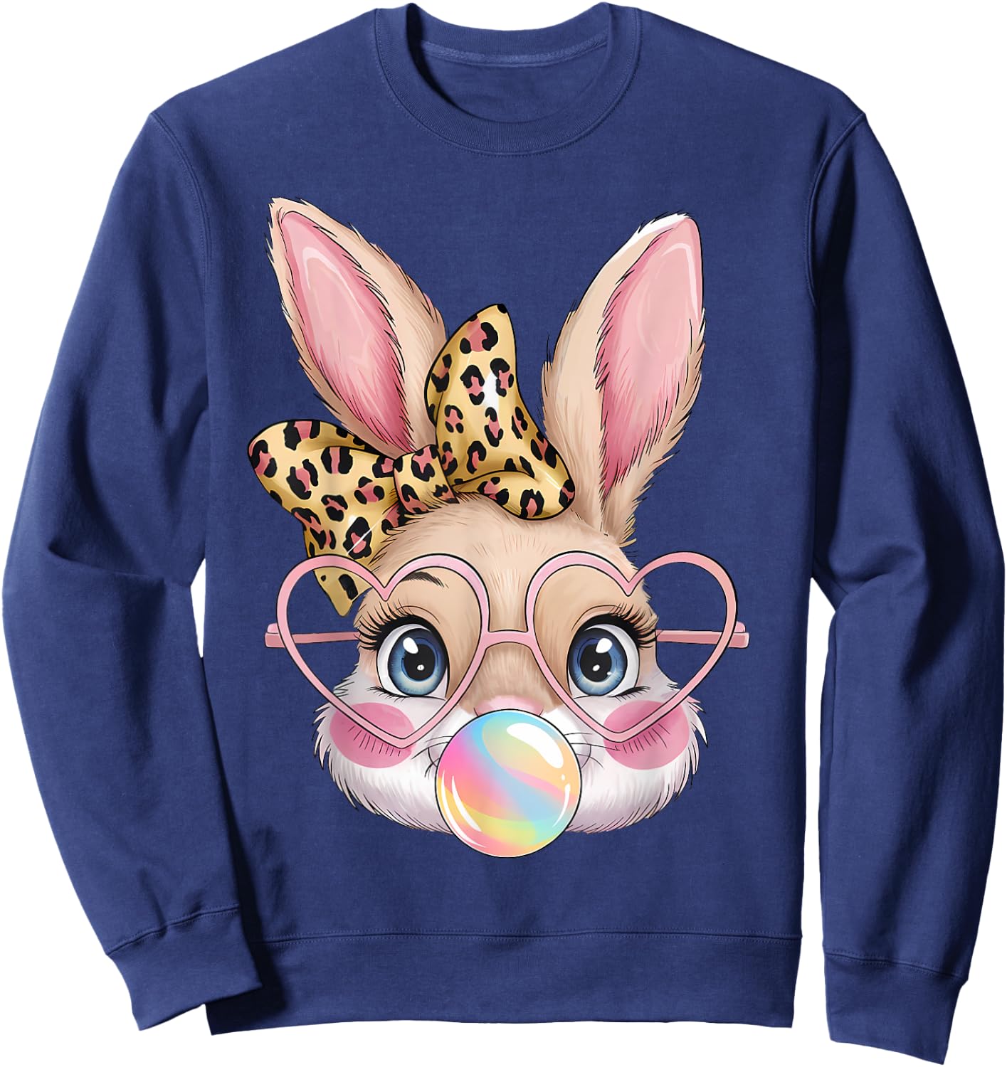 Cute Bunny Rabbit Face Leopard Bow Girls Happy Easter Day Sweatshirt - Sweatshirt | Navy