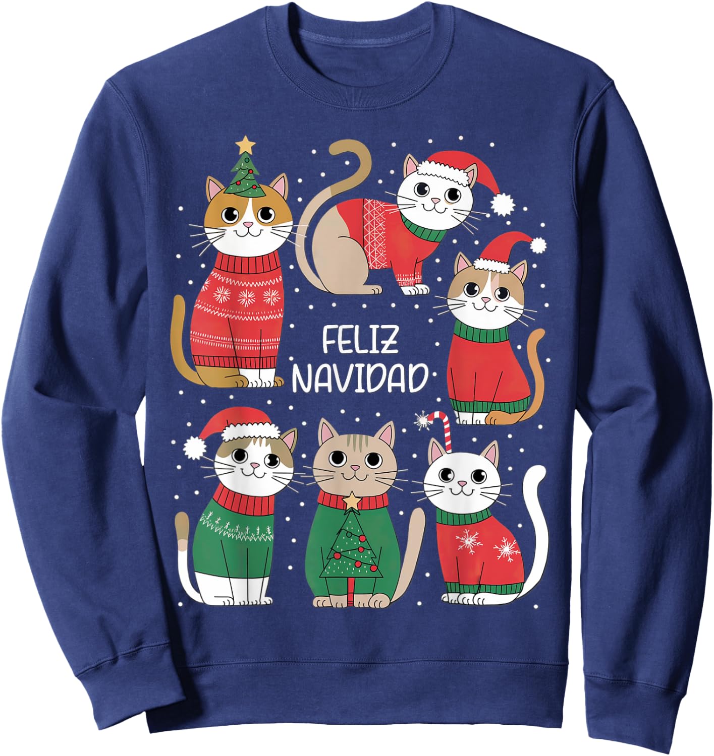 Feliz Navidad Spanish Cats Holiday Kittens , Black, S Sweatshirt - Sweatshirt | Navy