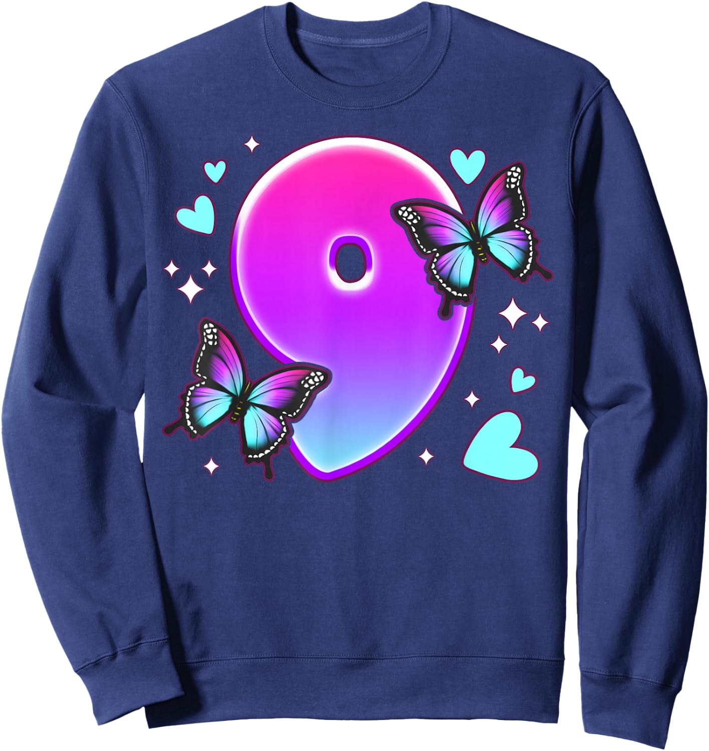 Geburtstag Mädchen 9 Jahre, Schmetterlinge und Nummer 9 Sweatshirt - Sweatshirt | Navy