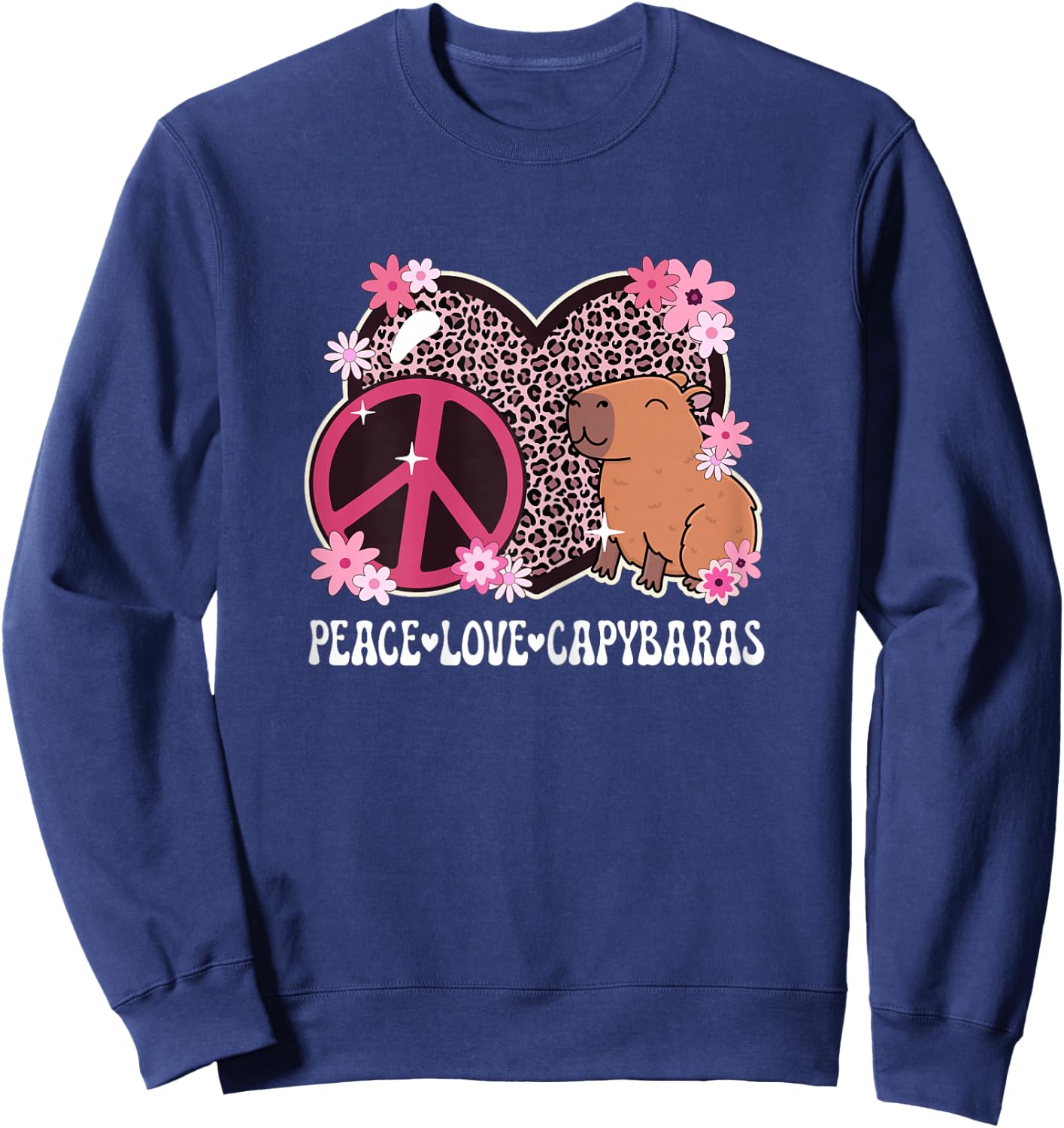 Peace Love Capybaras Leopard Print Women Cute Capybara Lover Sweatshirt - Sweatshirt | Navy