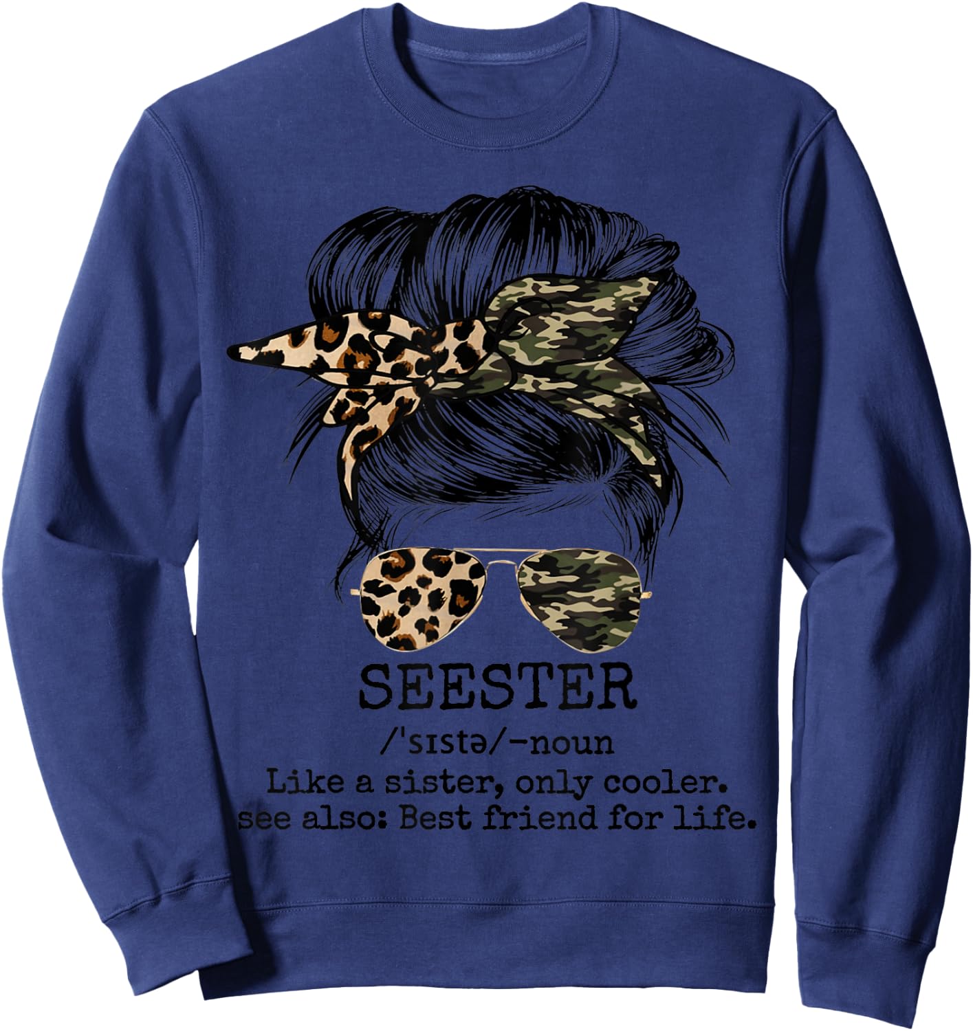 Seester Definition Messy Bun Camo Cheetah Sweatshirt - Sweatshirt | Navy