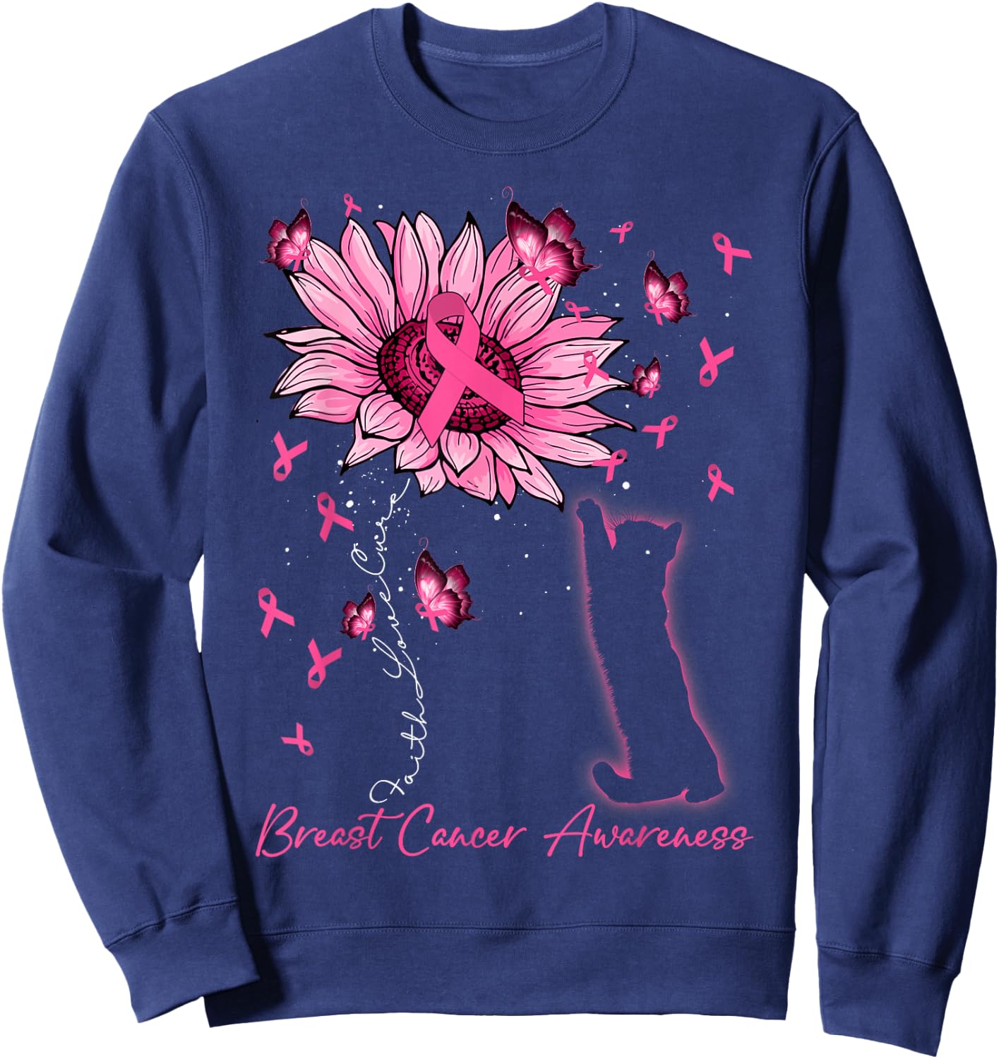 Faith Love Cure Breast Cancer Black Cat & Sunflower Women Sweatshirt - Sweatshirt | Navy