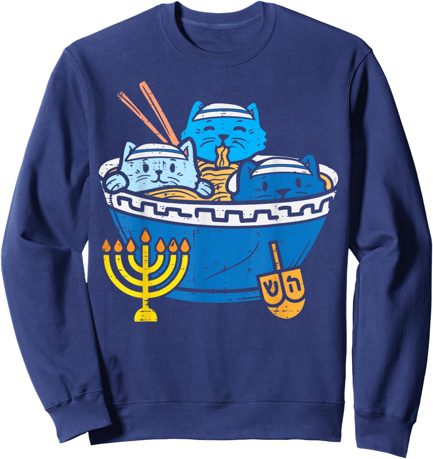 Jewish Cats Ramen Kitten Anime Hanukkah Pajamas Chanukah PJs Sweatshirt - Sweatshirt | Navy