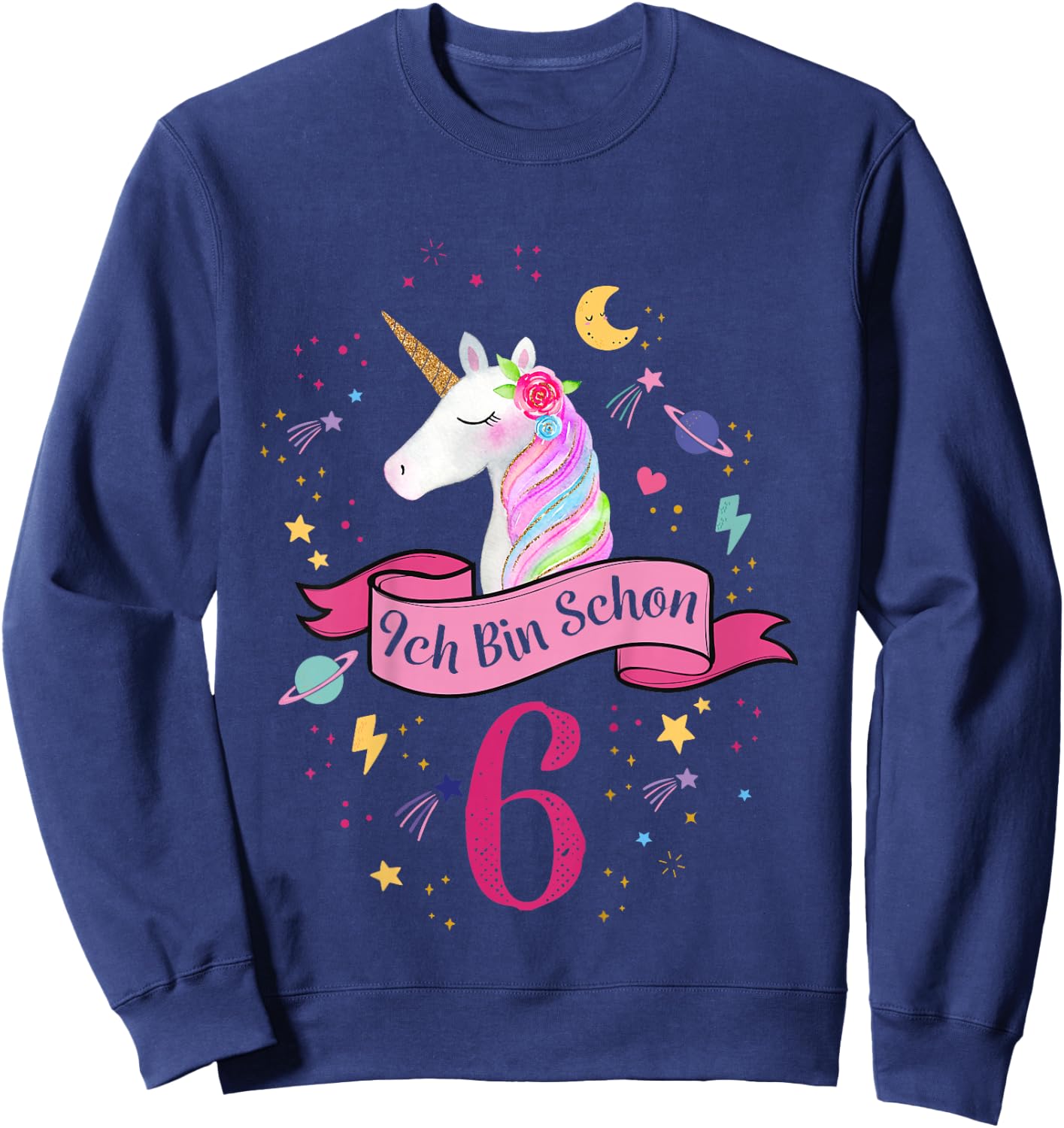 Children's Birthday Shirt 6 Years Girls Unicorn Birthday , White Sweatshirt - Sweatshirt | Navy
