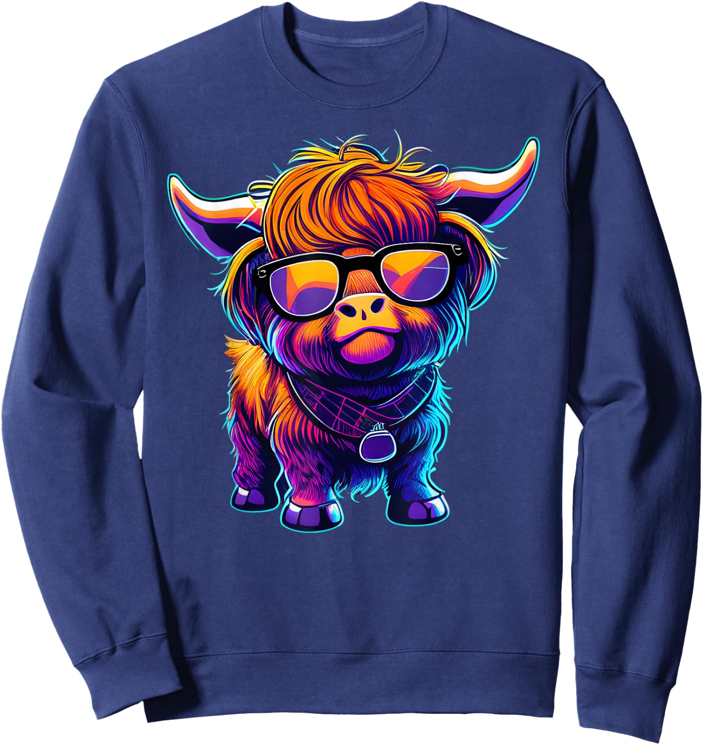 Retro 80's Cute Highland Cow Colorful Highland Cow Graphic Sweatshirt - Sweatshirt | Navy