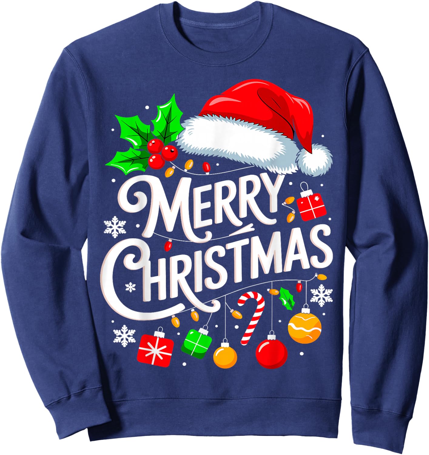 Merry Christmas Lights Family Santa Hat Xmas Sweatshirt - Sweatshirt | Navy