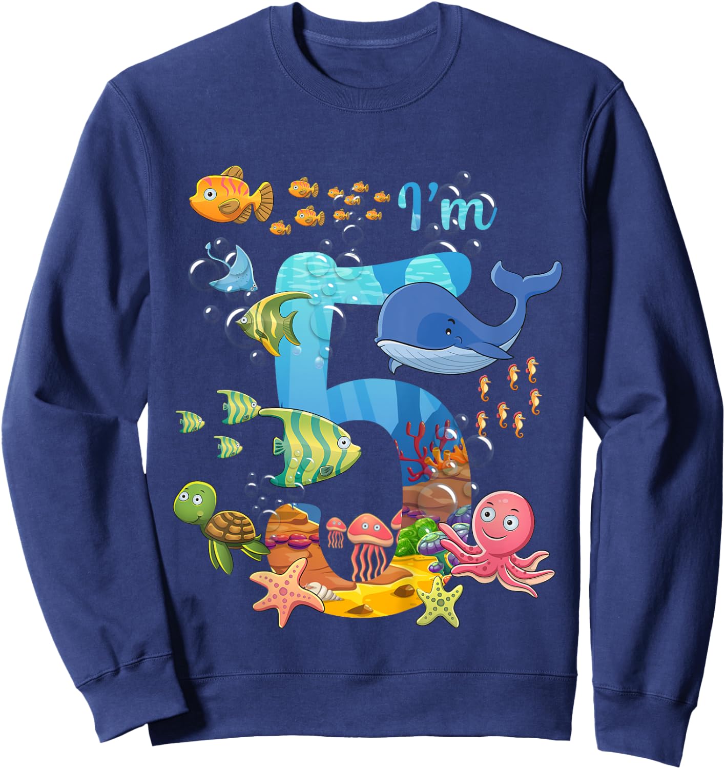 Kids 5 Years Old Whale Fish Ocean Theme 5th Birthday Boy Girl , black Sweatshirt - Sweatshirt | Navy