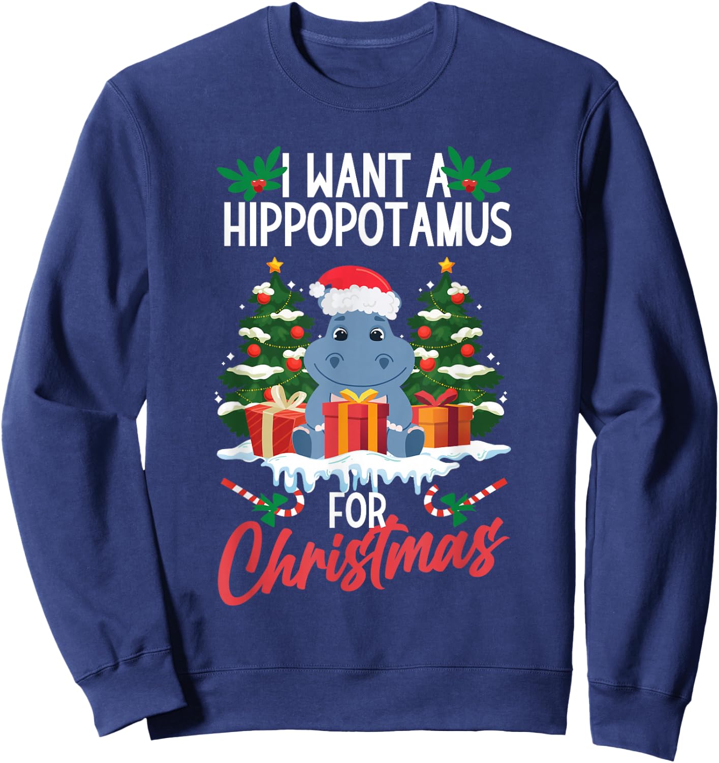 Hippopotamus Merry Christmas Santa Xmas Family Adults Kids Sweatshirt - Sweatshirt | Navy
