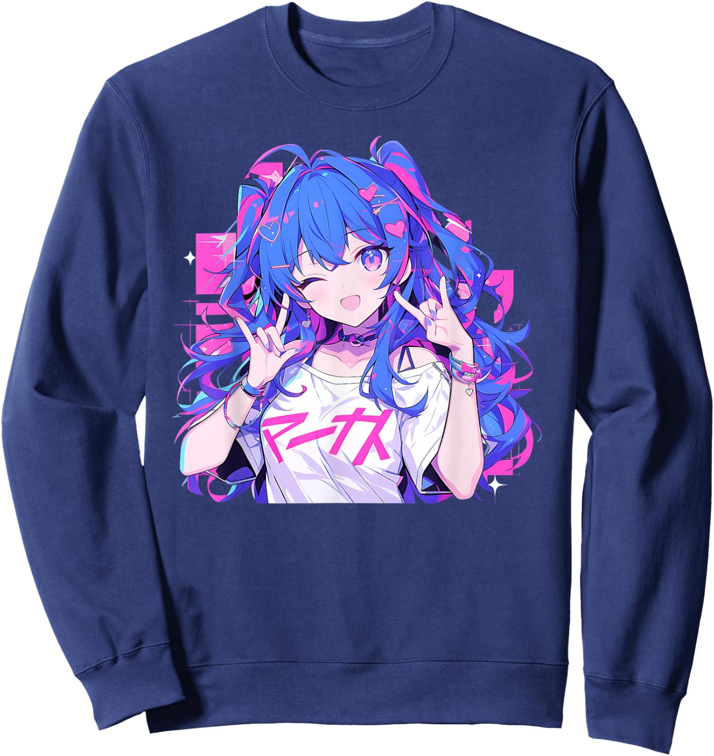 Anime Waifu Cute Manga Cat Girl Cute Retro Japanese , Black, S Sweatshirt - Sweatshirt | Navy