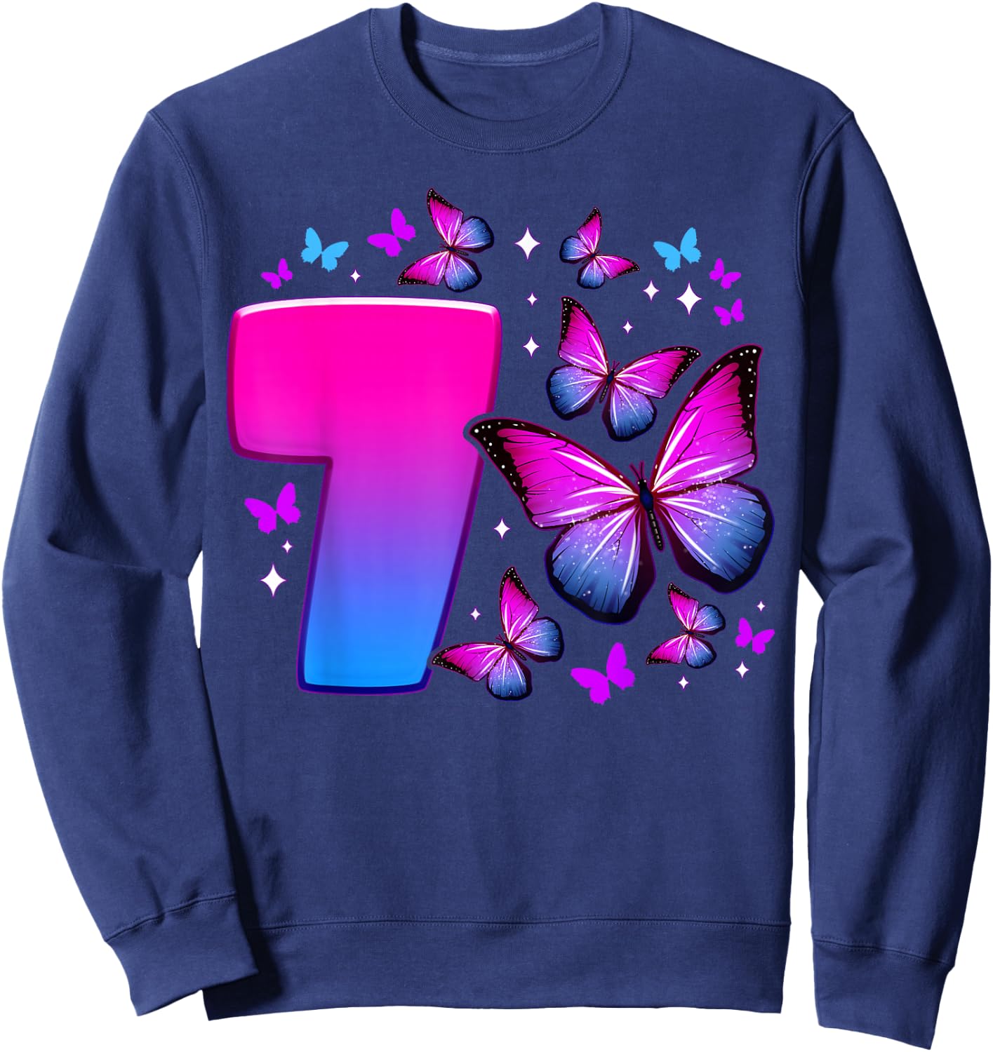 Birthday Girl 7 Years Old Butterfly Number 7 , black Sweatshirt - Sweatshirt | Navy
