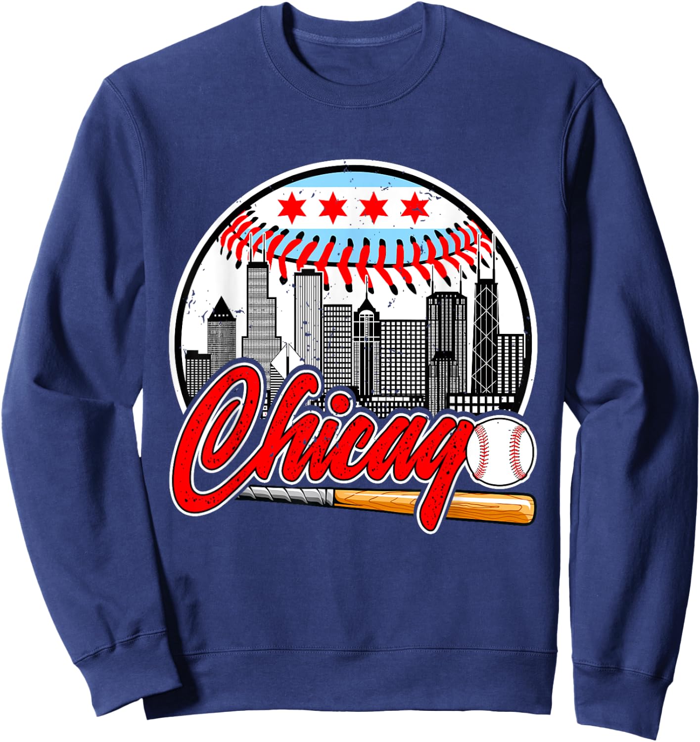 Vintage Chicago Design Funny Baseball Lover Player Sweatshirt - Sweatshirt | Navy