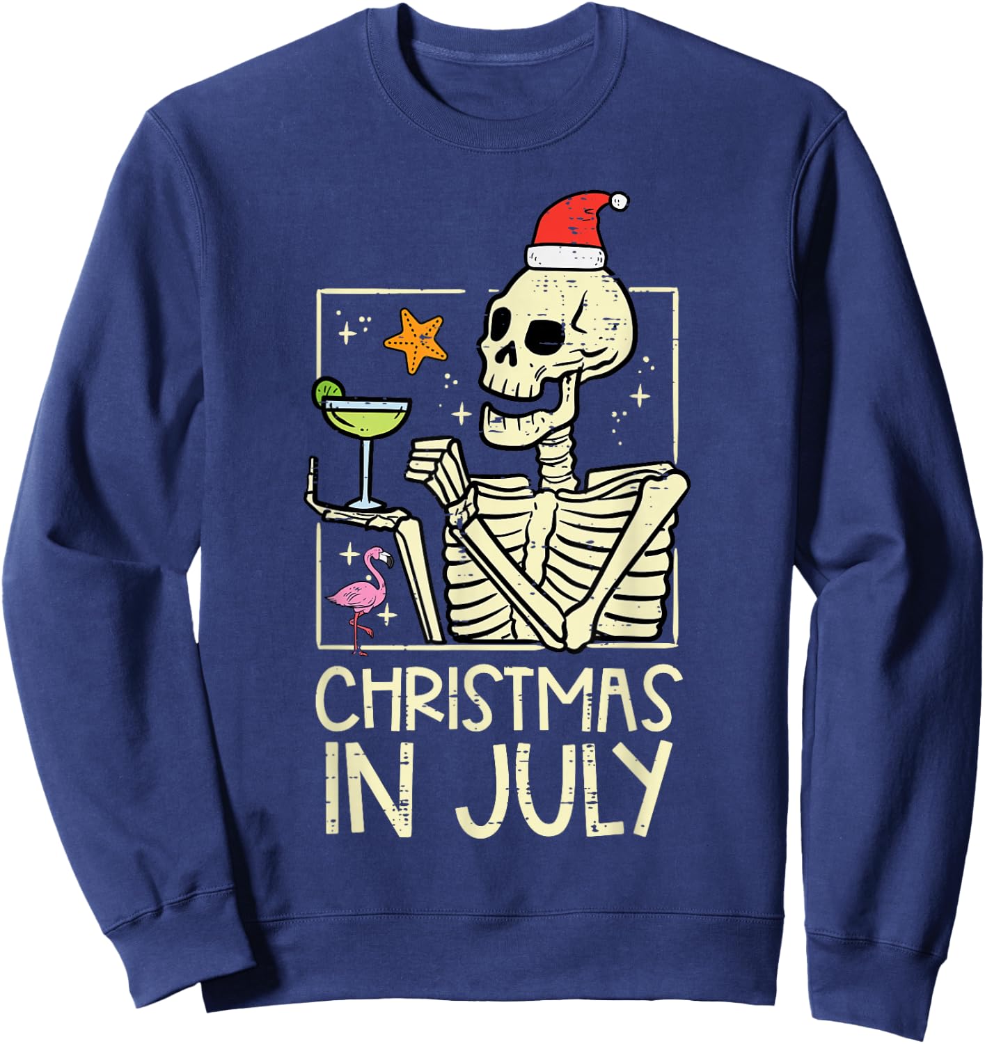 Christmas July Skeleton Flamingo Funny Summer Xmas Women Men Sweatshirt - Sweatshirt | Navy